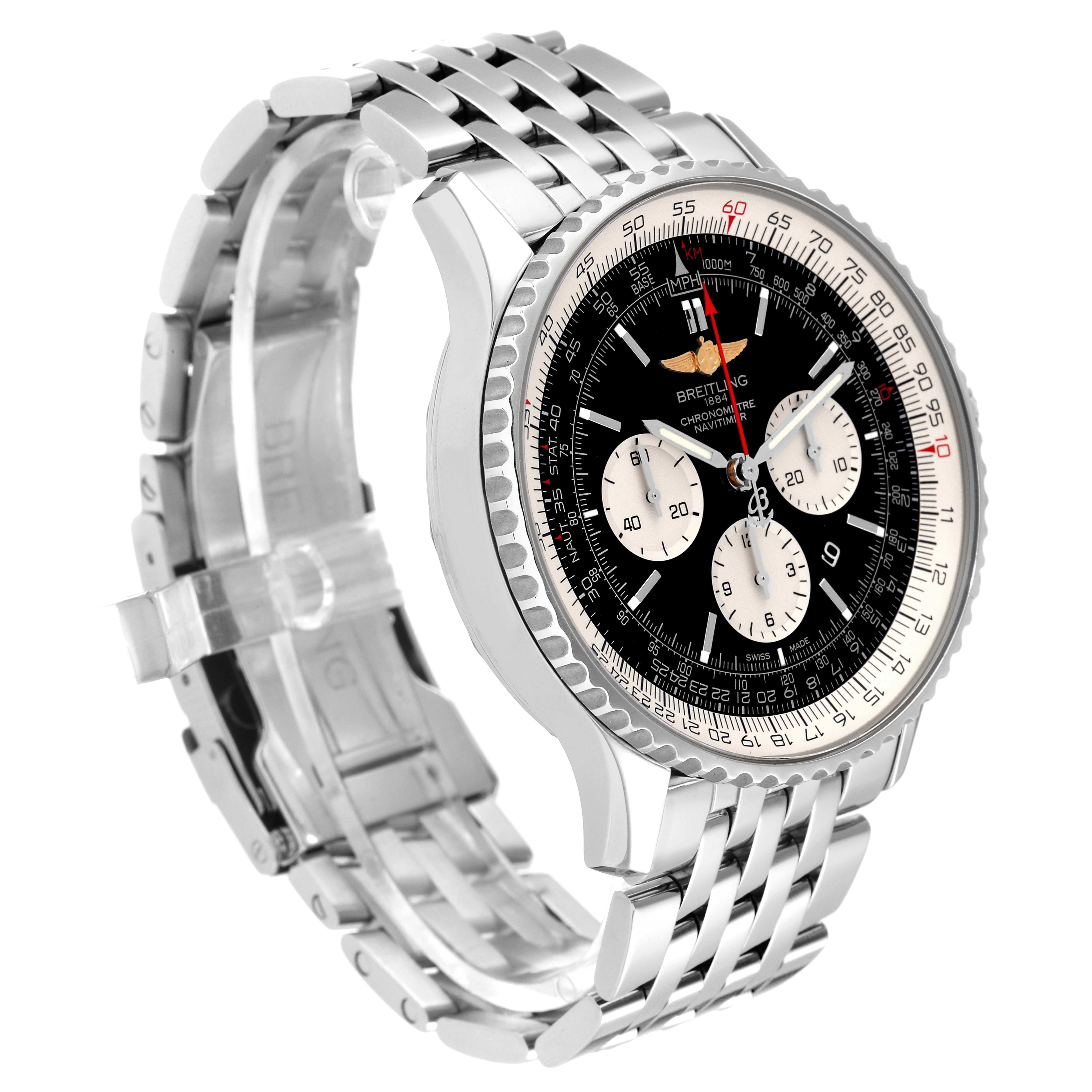 The Breitling Navitimer AB0127-211-B1A1 Men
s Stainless Steel Black Dial AB0127-211-B1A1 Men
s Stainless Steel Black Dial watch is shown at a three-quarter angle, highlighting its face, bezel, and metal bracelet.