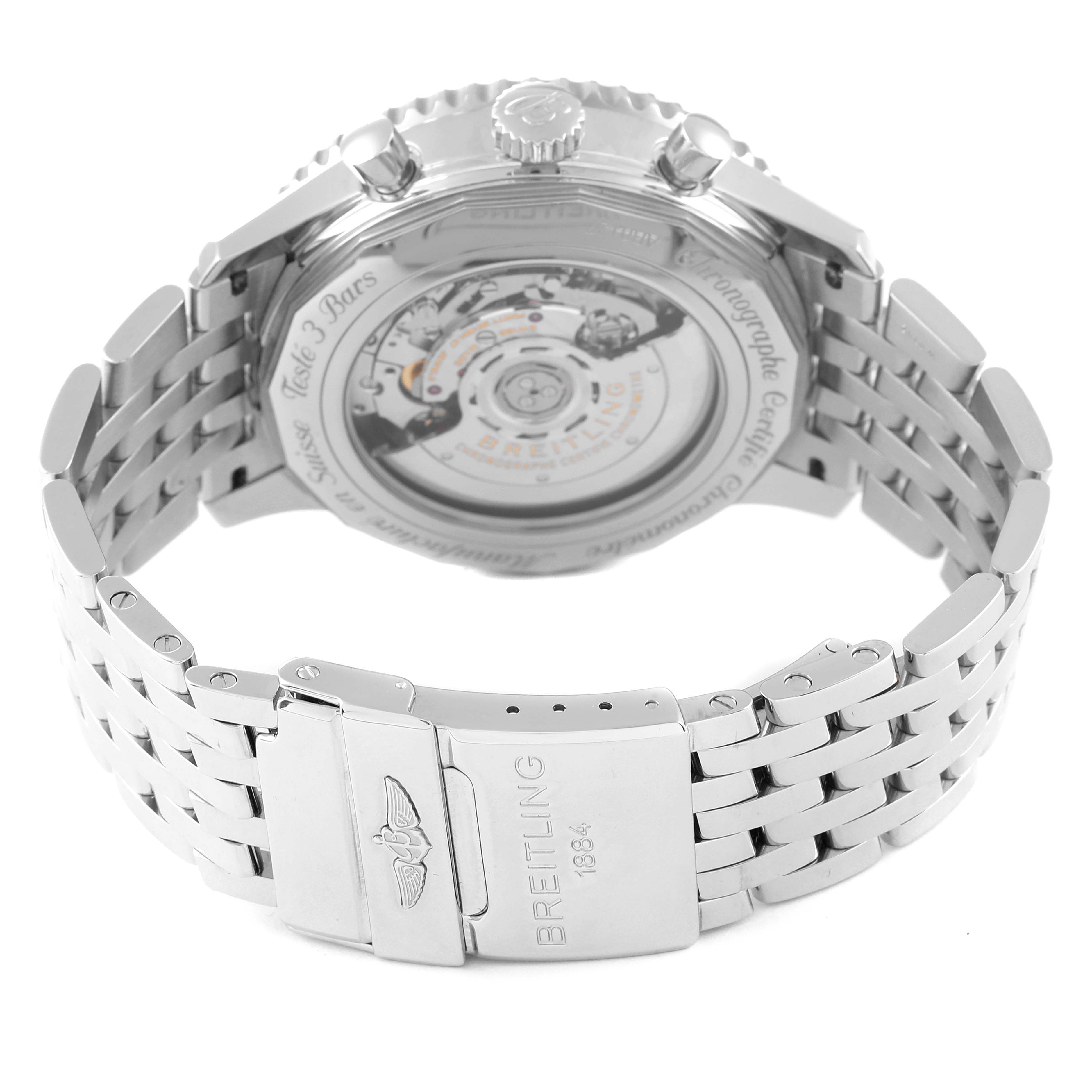 The image shows the back view of a Breitling Navitimer AB0127-211-B1A1 Men
s Stainless Steel Black Dial AB0127-211-B1A1 Men
s Stainless Steel Black Dial watch, highlighting its stainless steel case and bracelet.