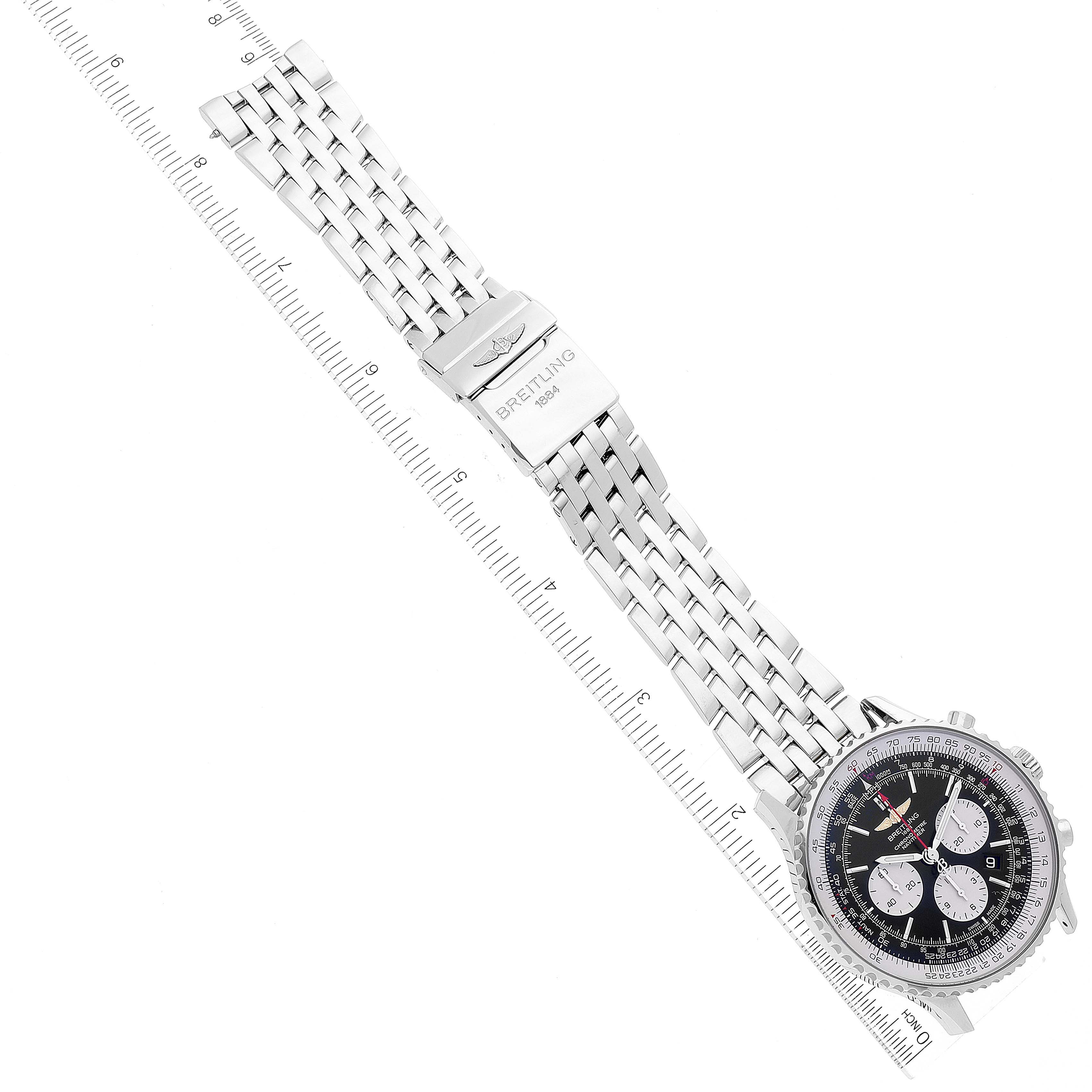 The image shows a top-down view of a Breitling Navitimer AB0127-211-B1A1 Men
s Stainless Steel Black Dial AB0127-211-B1A1 Men
s Stainless Steel Black Dial watch including its stainless steel bracelet and clasp.
