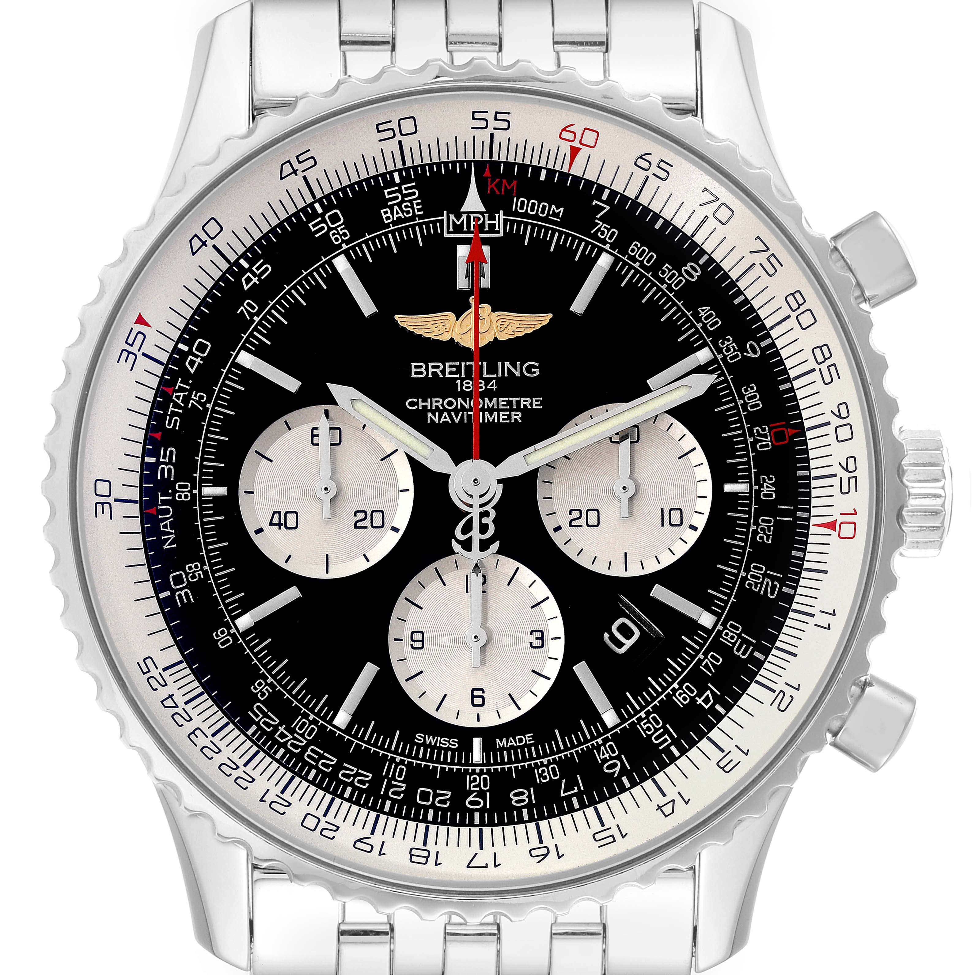 The image shows a front view of a Breitling Navitimer AB0127-211-B1A1 Men
s Stainless Steel Black Dial AB0127-211-B1A1 Men
s Stainless Steel Black Dial watch, highlighting its dial, bezel, and bracelet.