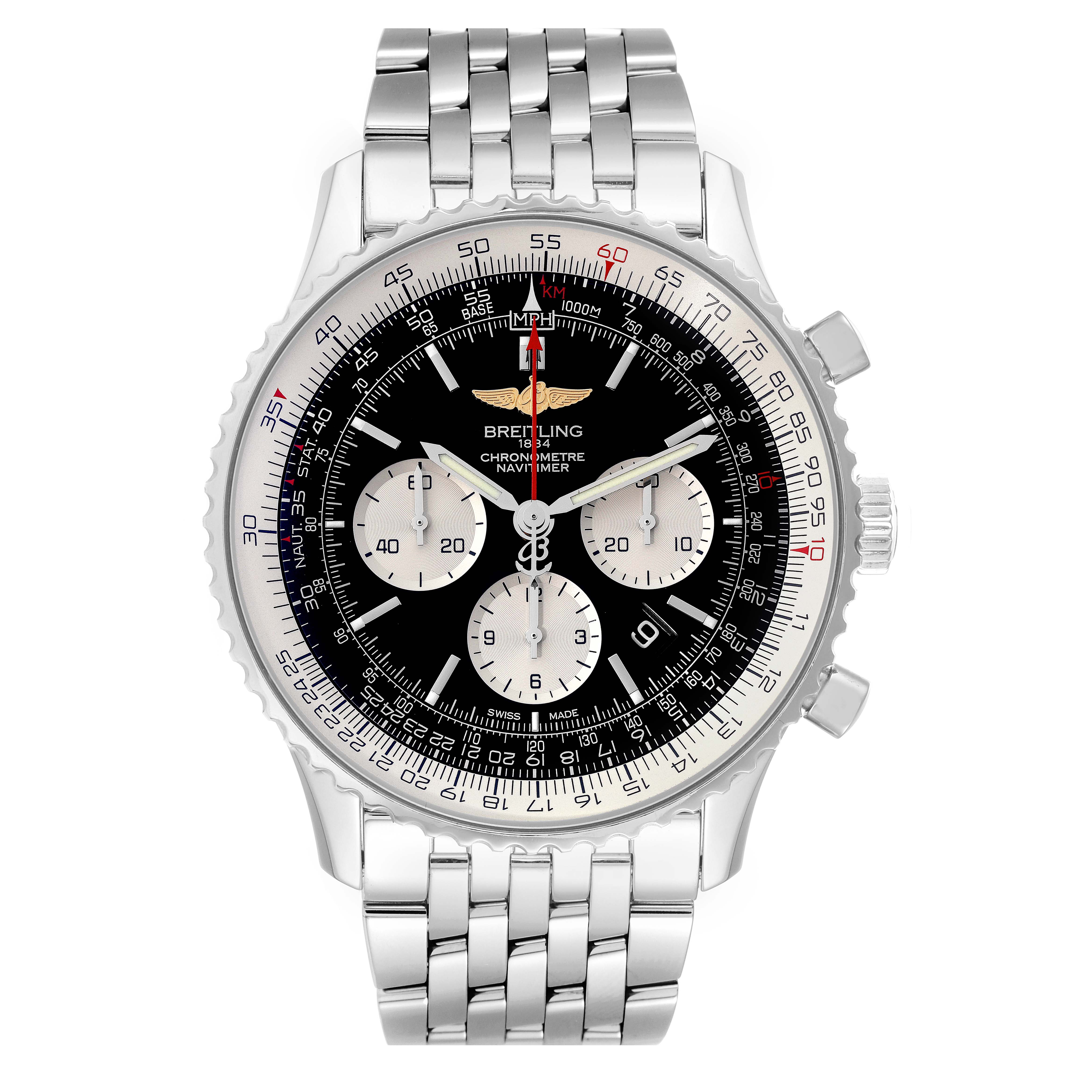 The image shows a front view of the Breitling Navitimer AB0127-211-B1A1 Men
s Stainless Steel Black Dial AB0127-211-B1A1 Men
s Stainless Steel Black Dial watch, highlighting its dial, bezel, chronograph subdials, and stainless steel bracelet.