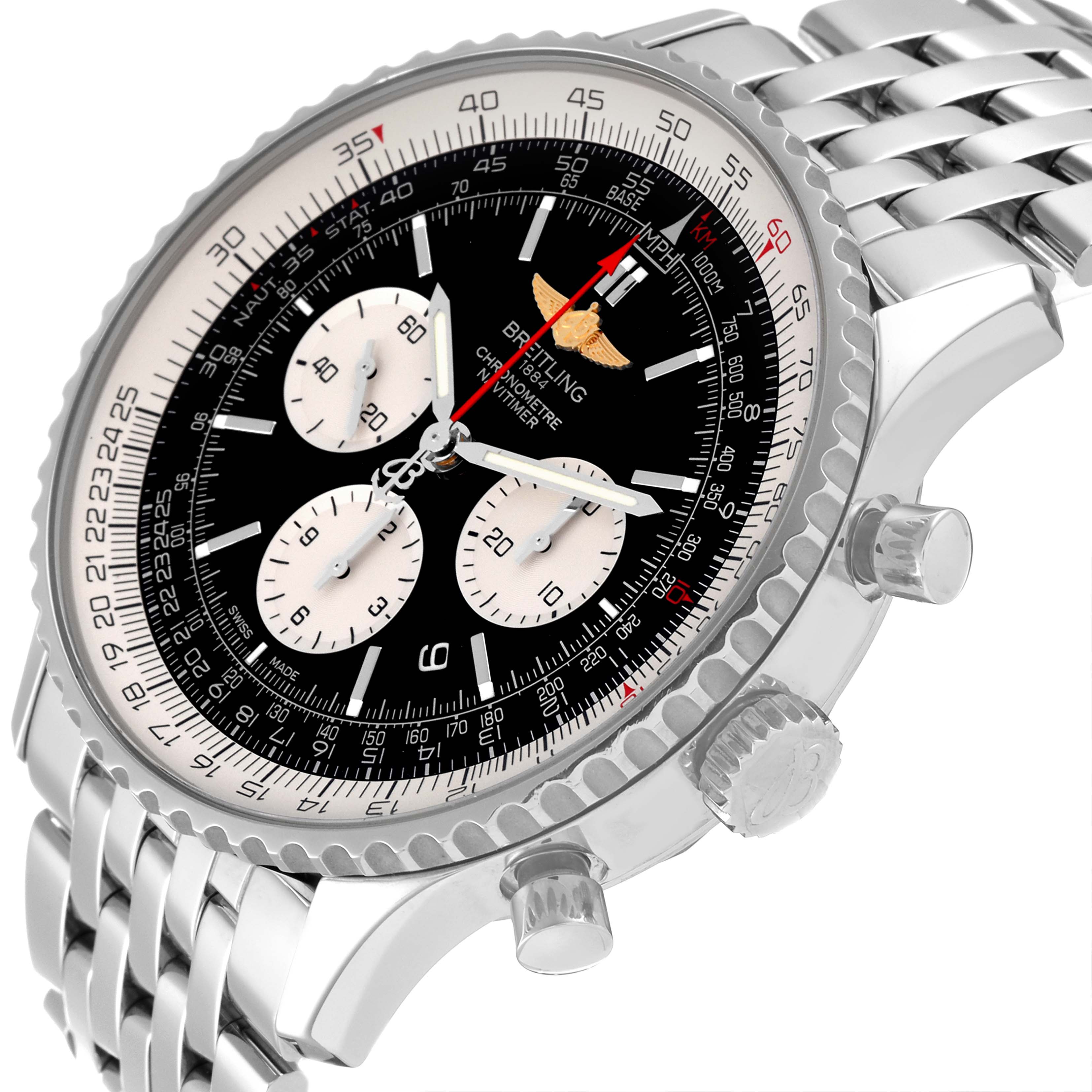 The image shows a close-up side angle of the Breitling Navitimer AB0127-211-B1A1 Men
s Stainless Steel Black Dial AB0127-211-B1A1 Men
s Stainless Steel Black Dial watch, displaying the face, bezel, crown, and pushers.