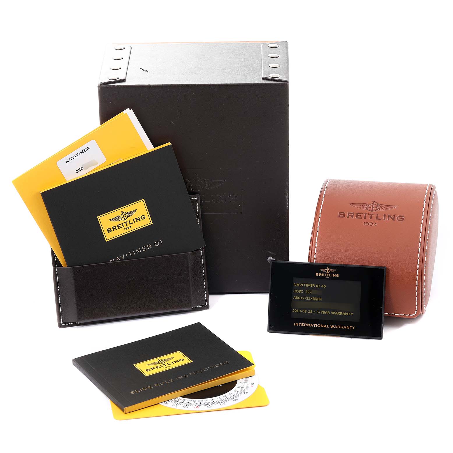The image shows the box, leather case, manuals, and warranty card for the Breitling Navitimer AB0127-211-B1A1 Men
s Stainless Steel Black Dial AB0127-211-B1A1 Men
s Stainless Steel Black Dial watch model.
