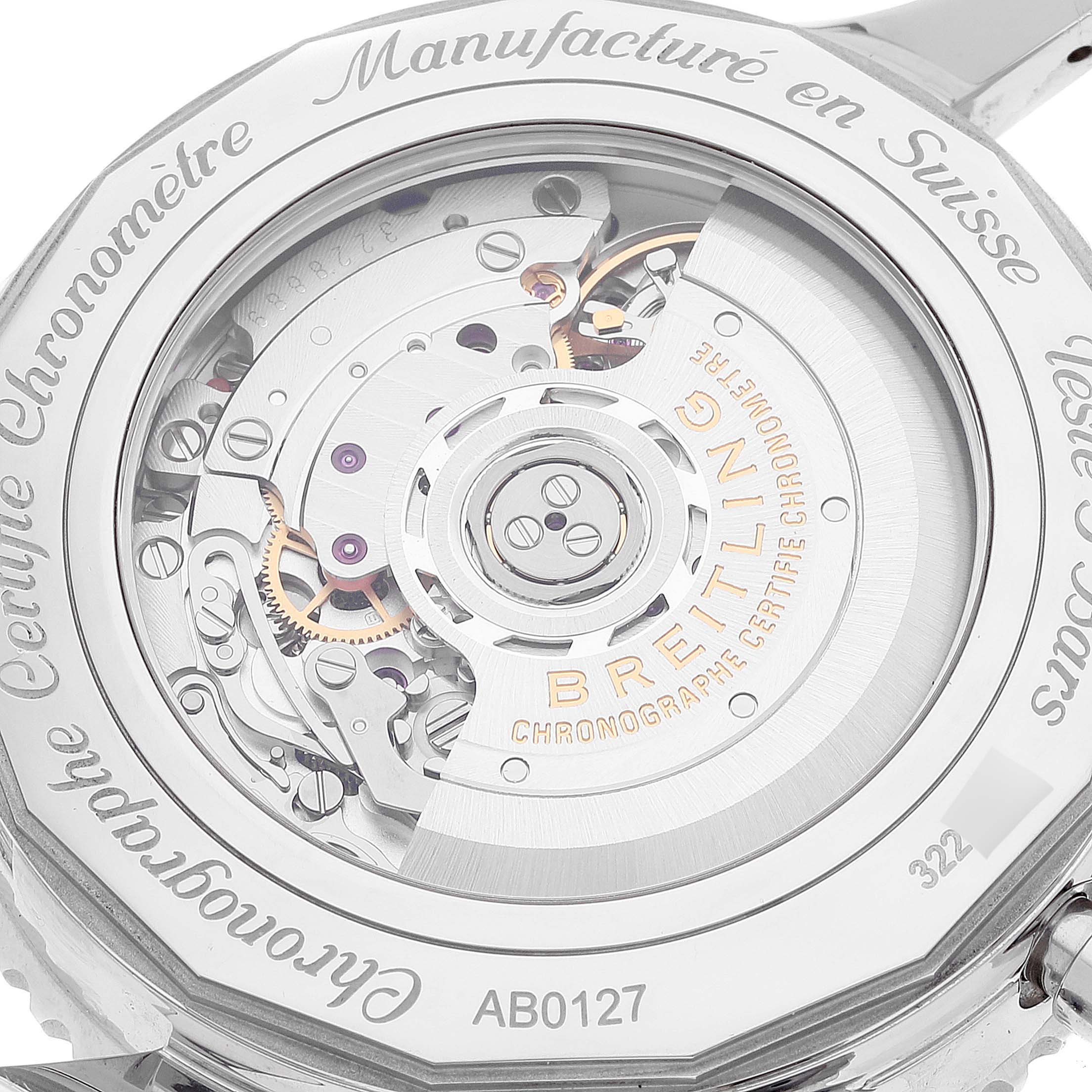 This image shows the back view of the Breitling Navitimer AB0127-211-B1A1 Men
s Stainless Steel Black Dial AB0127-211-B1A1 Men
s Stainless Steel Black Dial watch, highlighting its intricate mechanical movement.