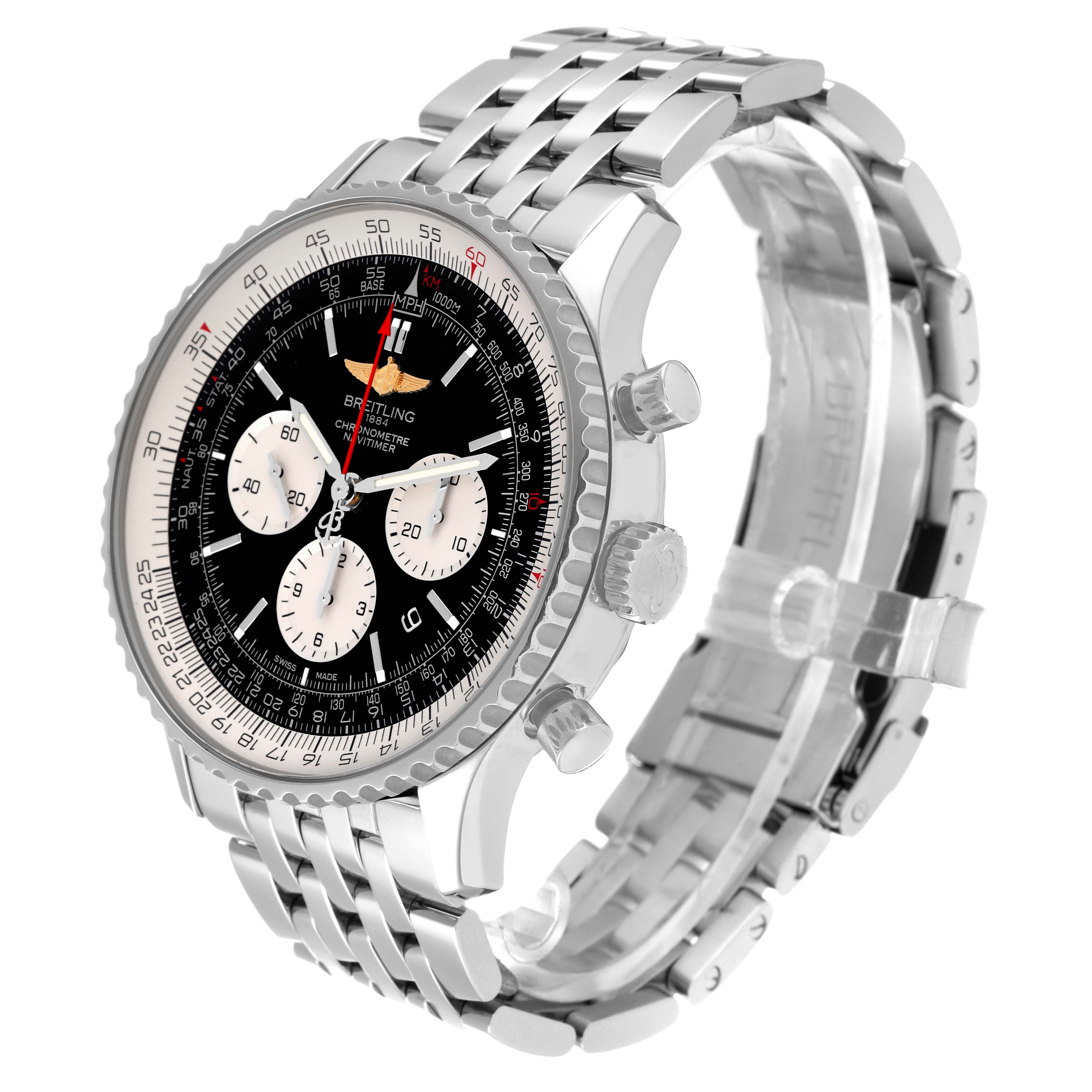 The image shows a Breitling Navitimer AB0127-211-B1A1 Men
s Stainless Steel Black Dial AB0127-211-B1A1 Men
s Stainless Steel Black Dial watch at a three-quarter angle, displaying its face, bezel, and metal bracelet.
