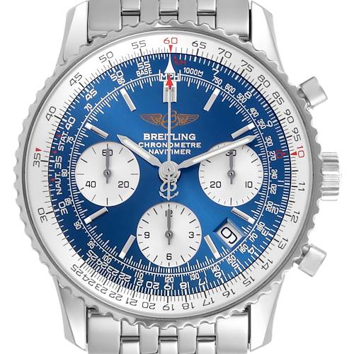 The Breitling Navitimer watch is shown from the front, highlighting its blue dial, chronograph sub-dials, and metal bracelet.