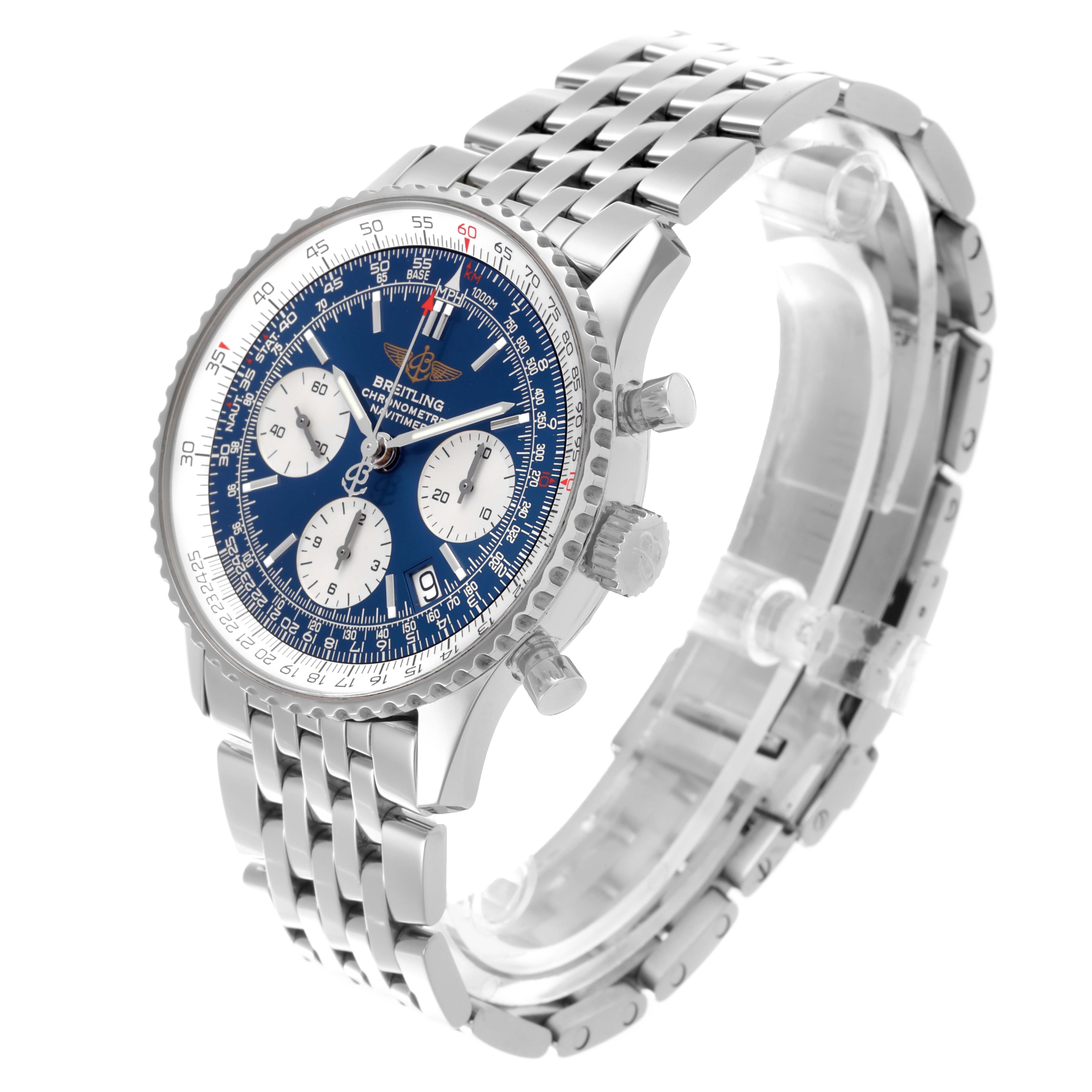 The Breitling Navitimer A23322 Men
s Stainless Steel Blue Dial A23322 Men
s Stainless Steel Blue Dial watch is shown from a three-quarter angle highlighting the face, bezel, and bracelet.