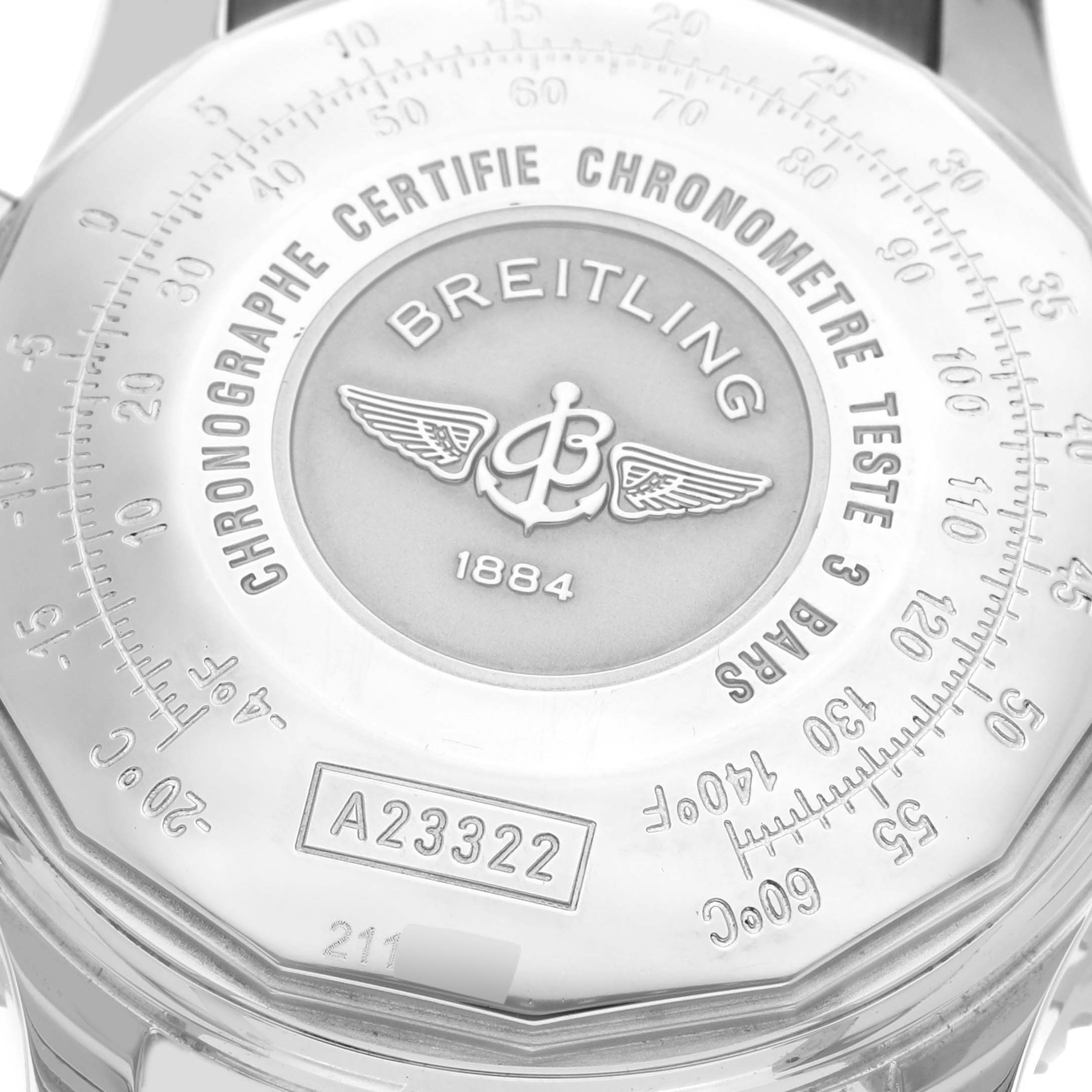 The image shows a close-up of the back of a Breitling Navitimer A23322 Men
s Stainless Steel Blue Dial A23322 Men
s Stainless Steel Blue Dial watch, highlighting the engravings and the model number A23322.