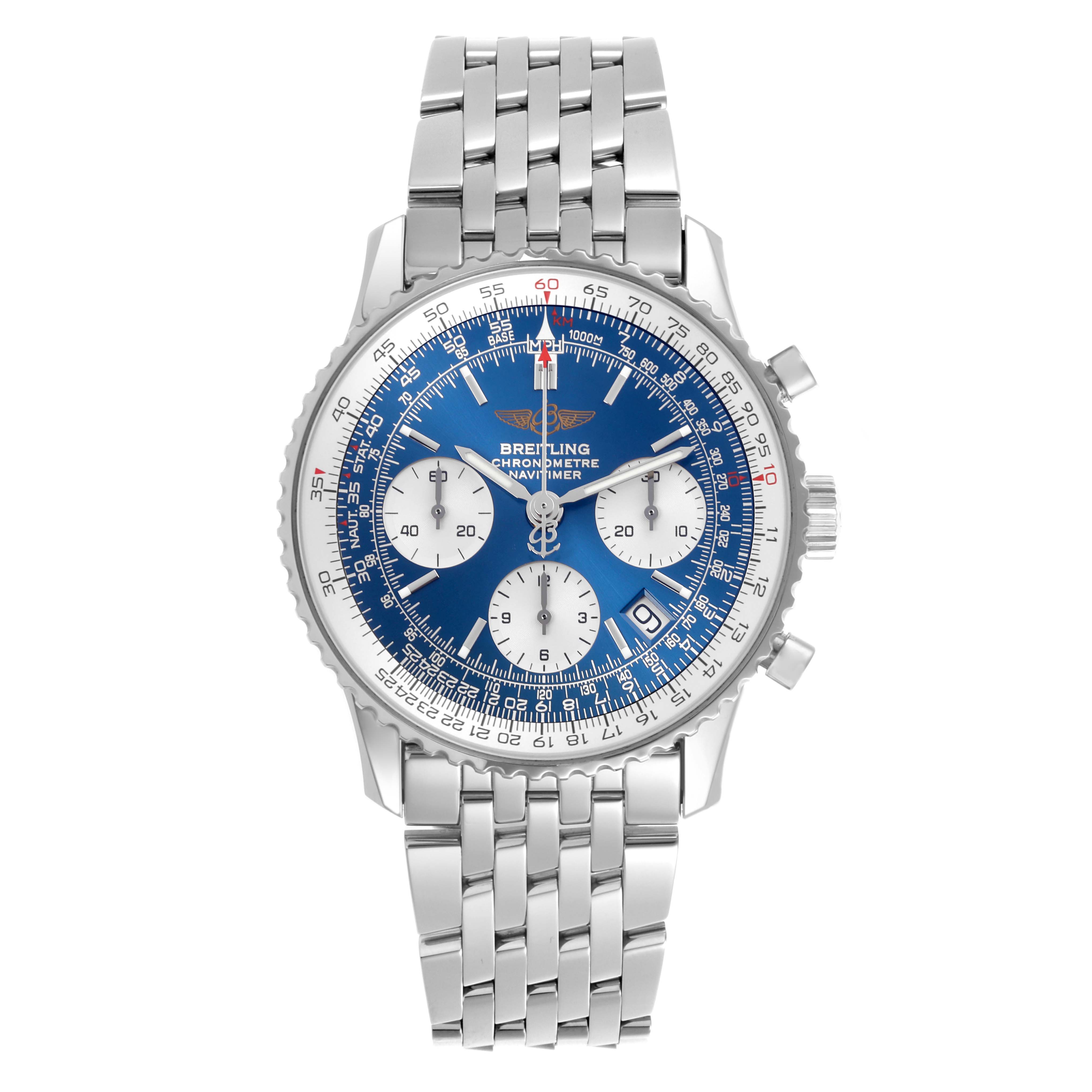 The Breitling Navitimer A23322 Men
s Stainless Steel Blue Dial A23322 Men
s Stainless Steel Blue Dial watch is shown from the front, displaying its face, bezel, and metal bracelet.
