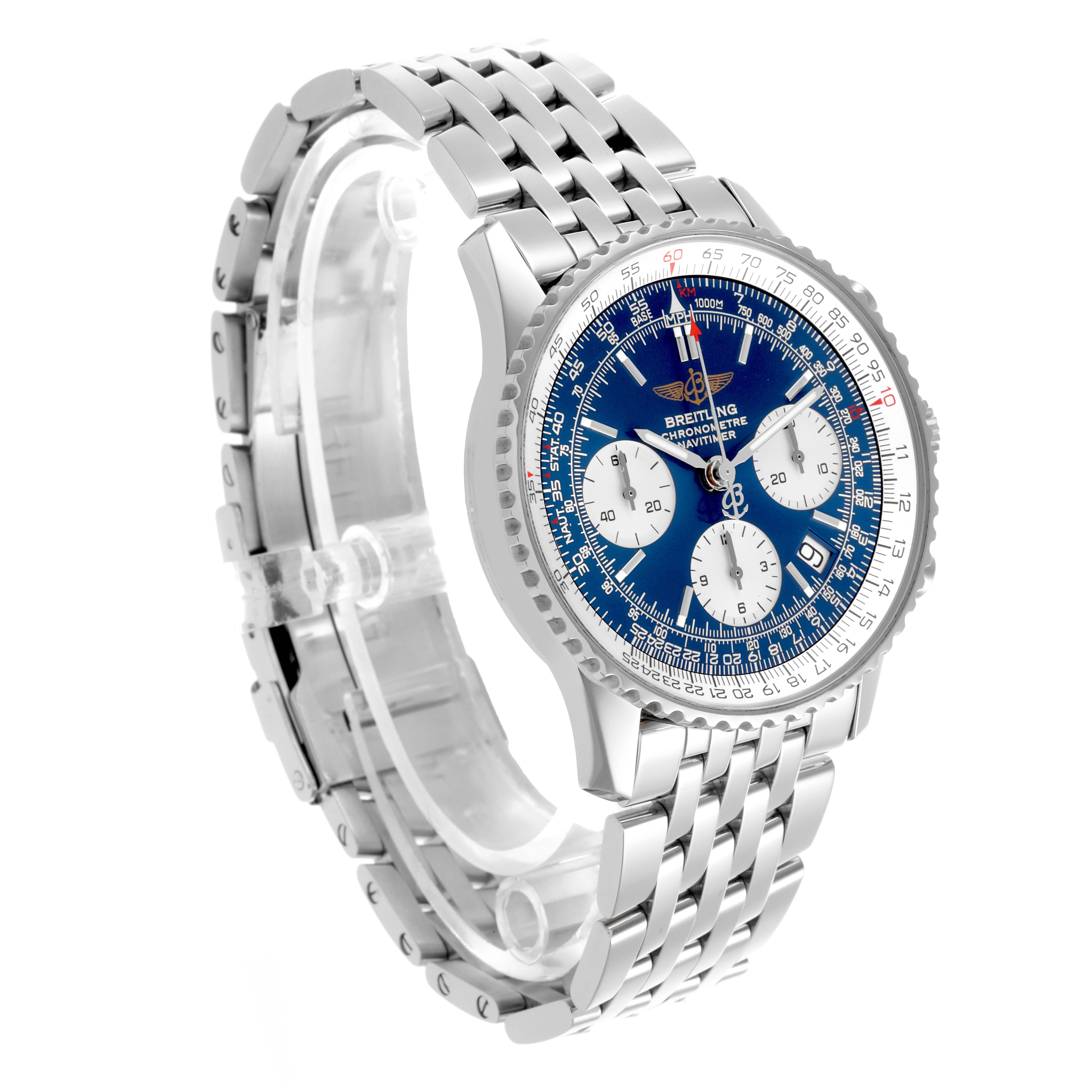 The Breitling Navitimer A23322 Men
s Stainless Steel Blue Dial A23322 Men
s Stainless Steel Blue Dial watch is shown at a slight angle, displaying its face and metal bracelet.