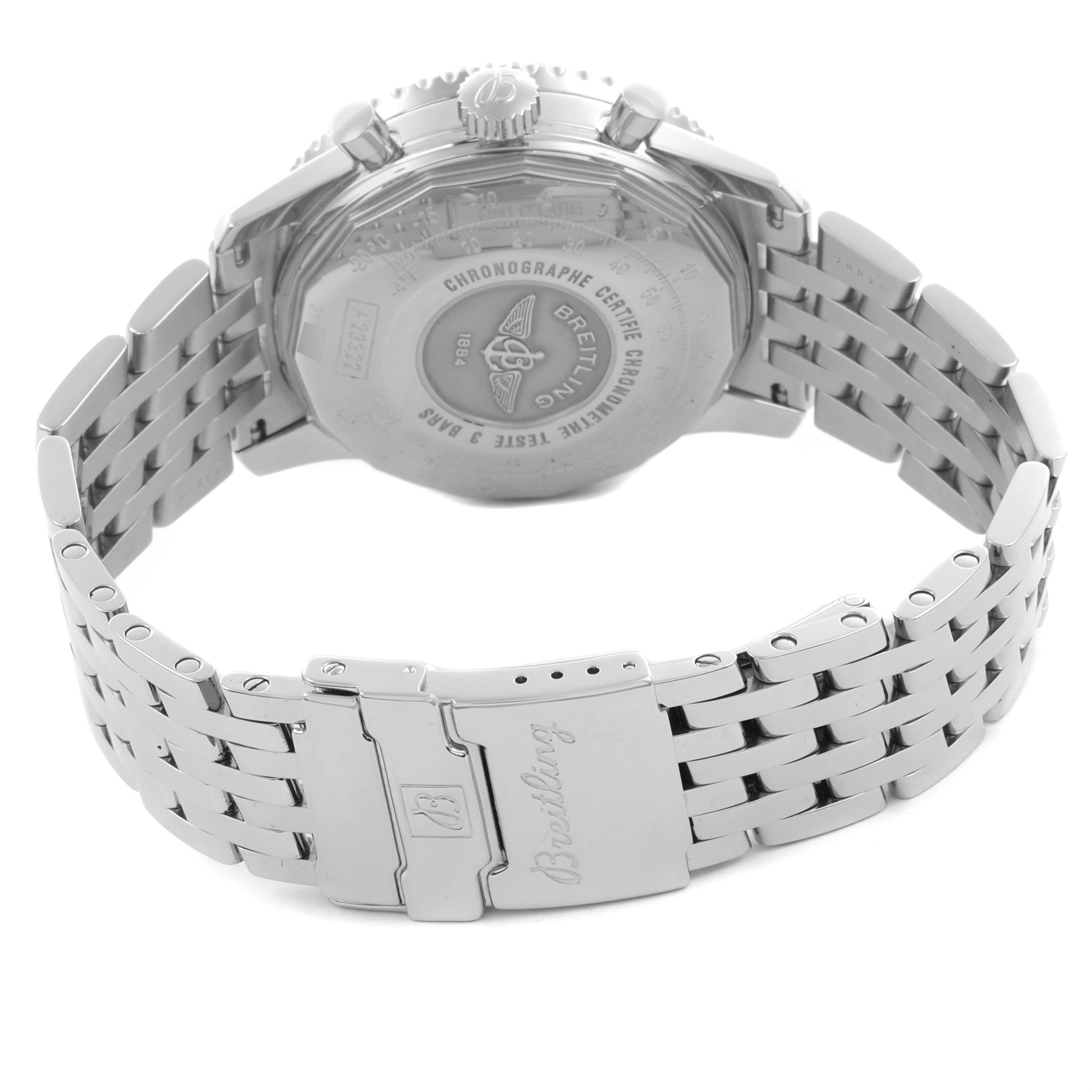 The image shows a Breitling Navitimer A23322 Men
s Stainless Steel Blue Dial A23322 Men
s Stainless Steel Blue Dial watch from the back, highlighting the case back and metal bracelet.