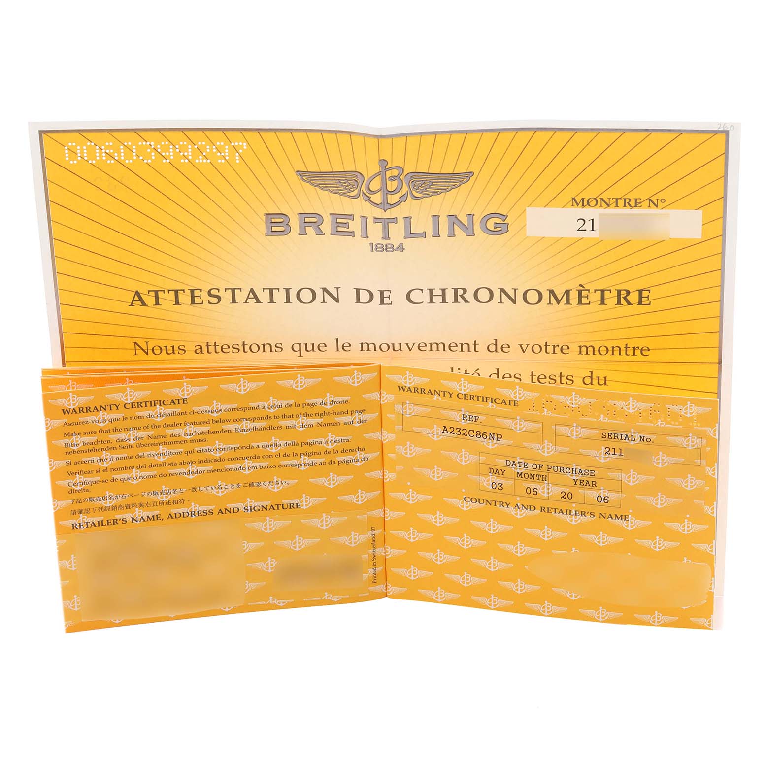 The image shows warranty papers and a chronometer certificate for the Breitling Navitimer A23322 Men
s Stainless Steel Blue Dial A23322 Men
s Stainless Steel Blue Dial.