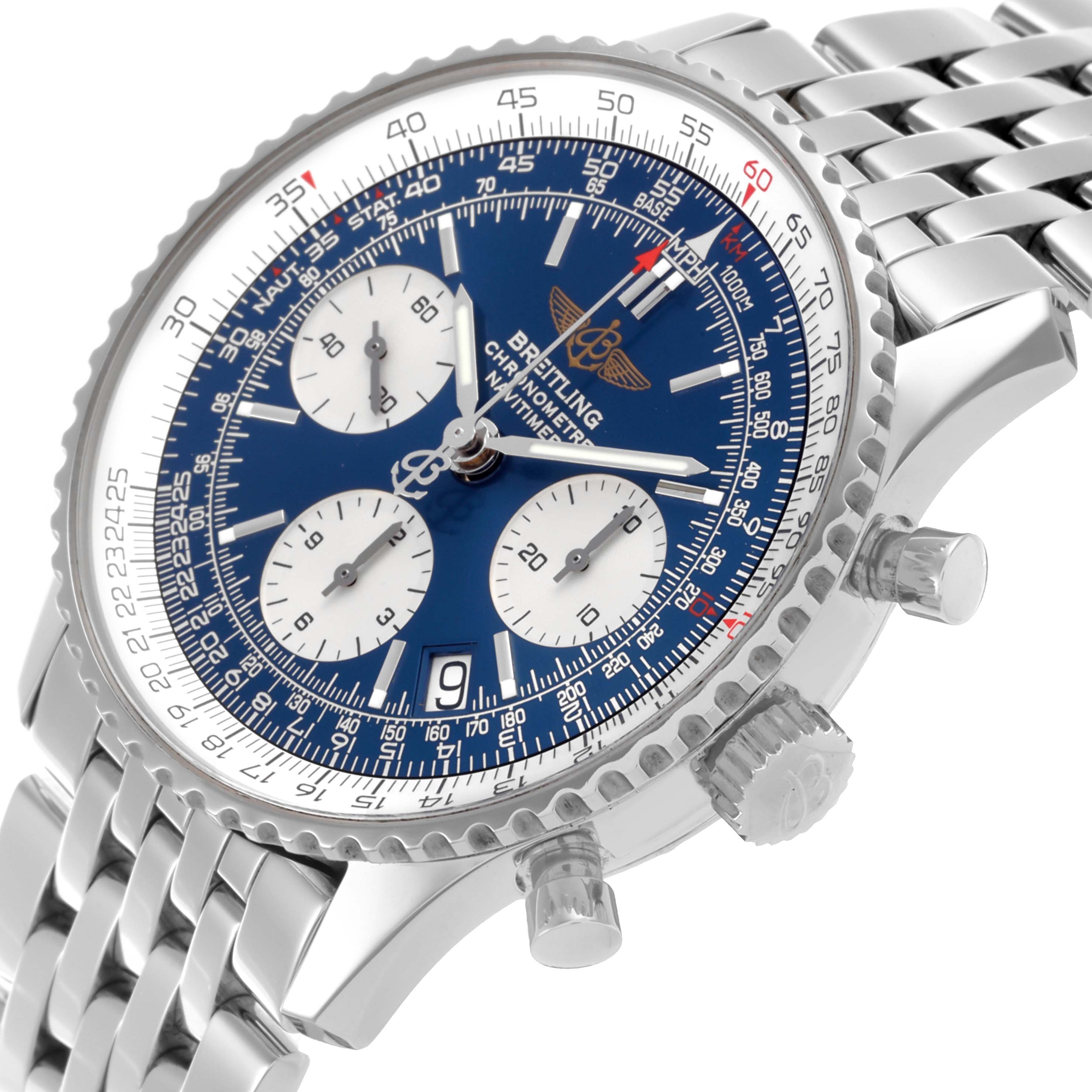 The Breitling Navitimer A23322 Men
s Stainless Steel Blue Dial A23322 Men
s Stainless Steel Blue Dial watch is shown from an angled side view, displaying the face, bezel, crown, and bracelet links.
