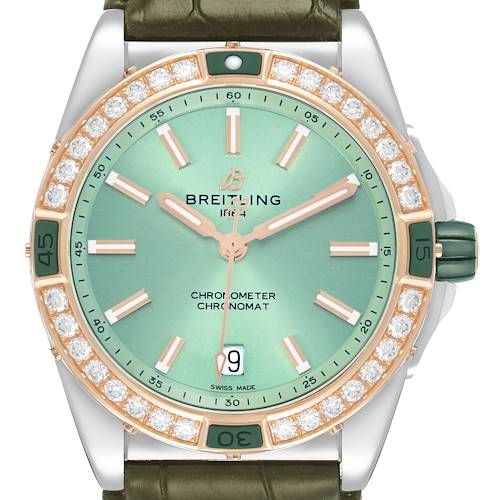 The Breitling U17356 Women's Steel and Gold (two tone) Green Dial Super Chronomat U17356 is shown from the front, featuring its green dial, diamond bezel, and rose gold accents.