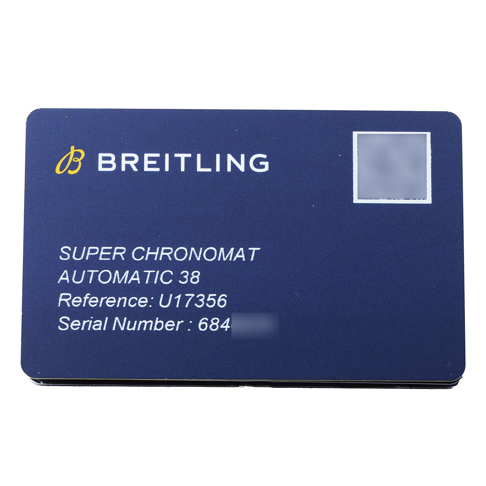 The image shows a certification card for the Breitling U17356 Women's Steel and Gold (two tone) Green Dial Super Chronomat Automatic 38, model U17356.