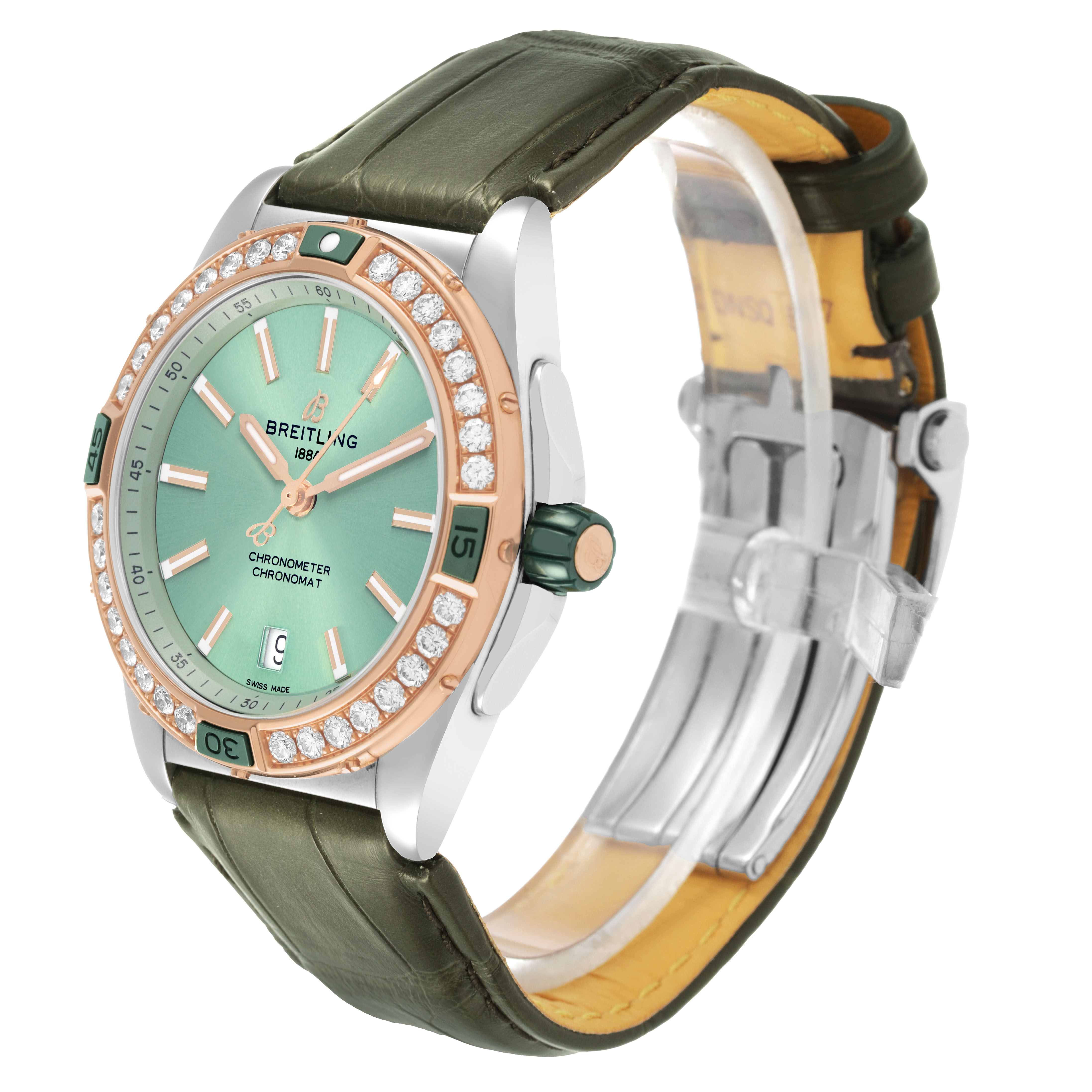 The Breitling U17356 Women's Steel and Gold (two tone) Green Dial Super Chronomat Steel Rose Gold Diamond Ladies Watch is shown from a front-left angle, highlighting the face, bezel, crown, and strap.