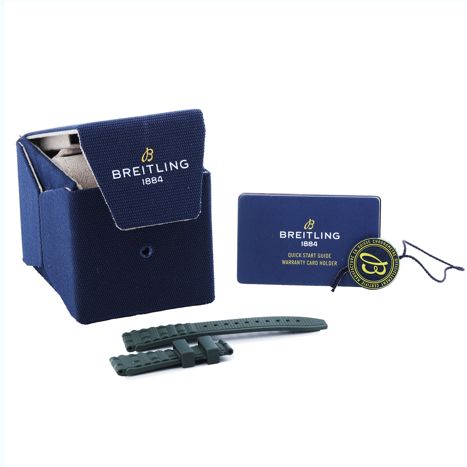 The image shows the packaging, extra strap, and warranty card for the Breitling U17356 Women's Steel and Gold (two tone) Green Dial Super Chronomat Steel Rose Gold Diamond Ladies Watch U17356.
