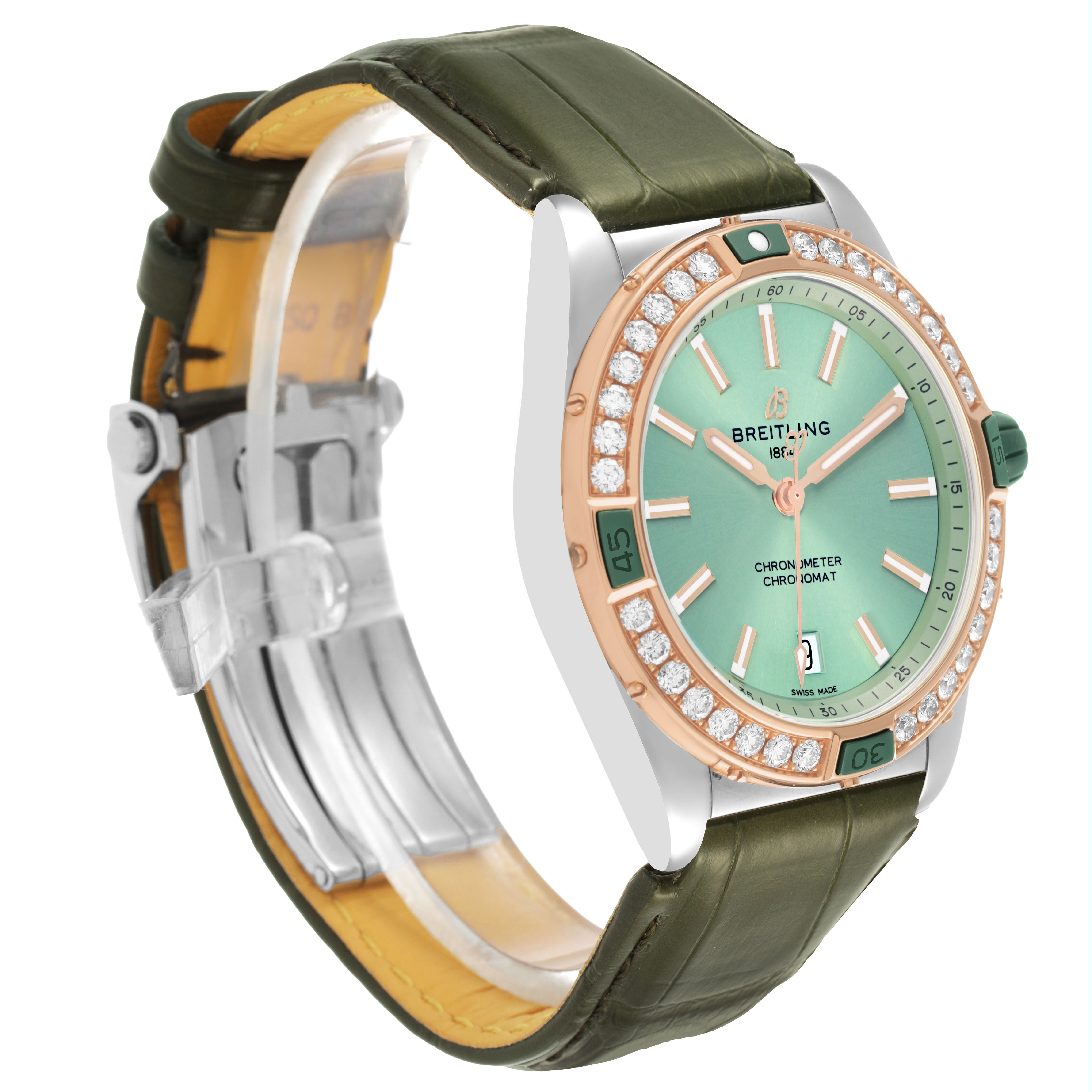 The Breitling U17356 Women's Steel and Gold (two tone) Green Dial Super Chronomat Steel Rose Gold Diamond Ladies Watch U17356 is shown at a slight angle, revealing the face, bezel, and strap.