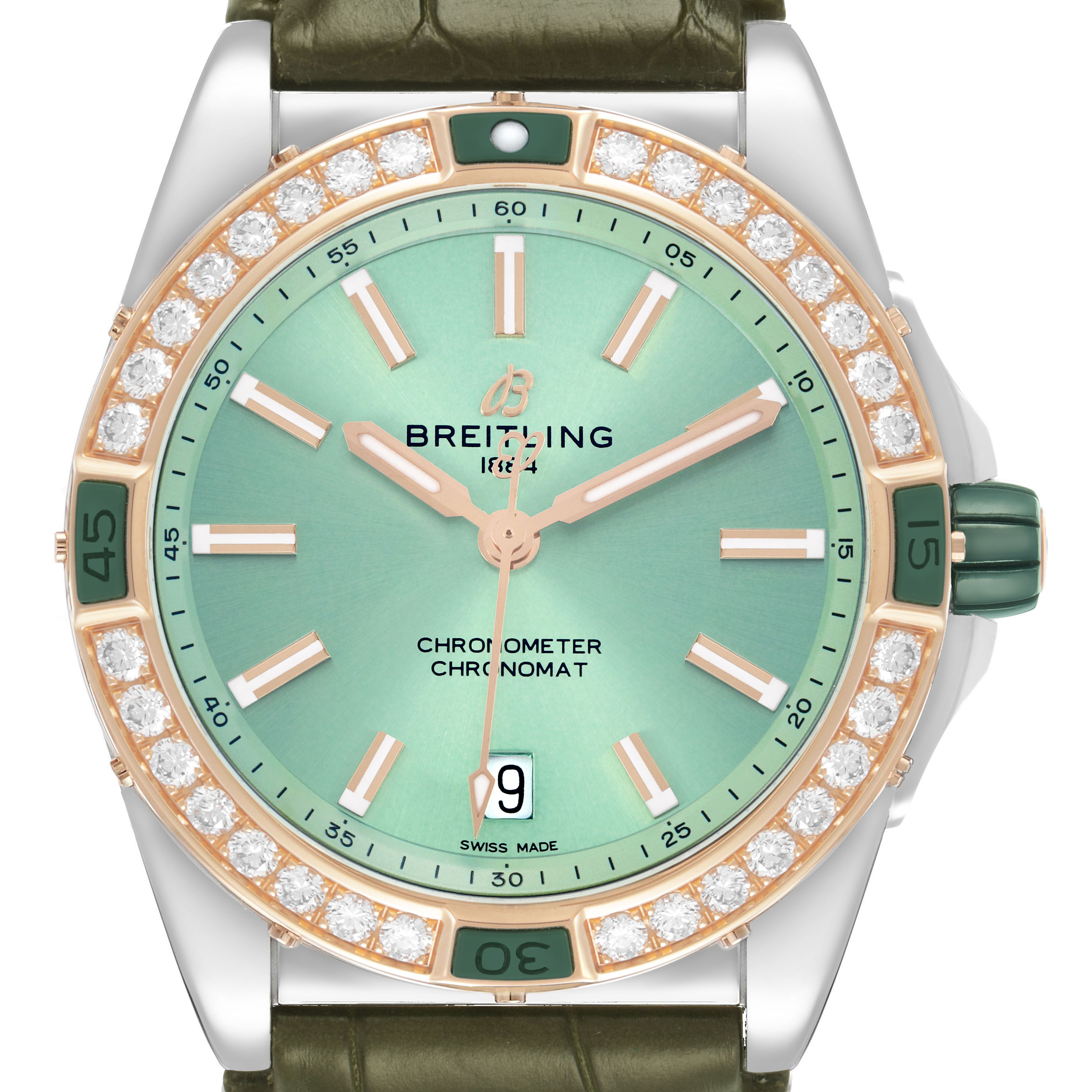The image shows a front view of the Breitling U17356 Women's Steel and Gold (two tone) Green Dial Super Chronomat Steel Rose Gold Diamond Ladies Watch U17356, highlighting the dial, bezel, and strap.