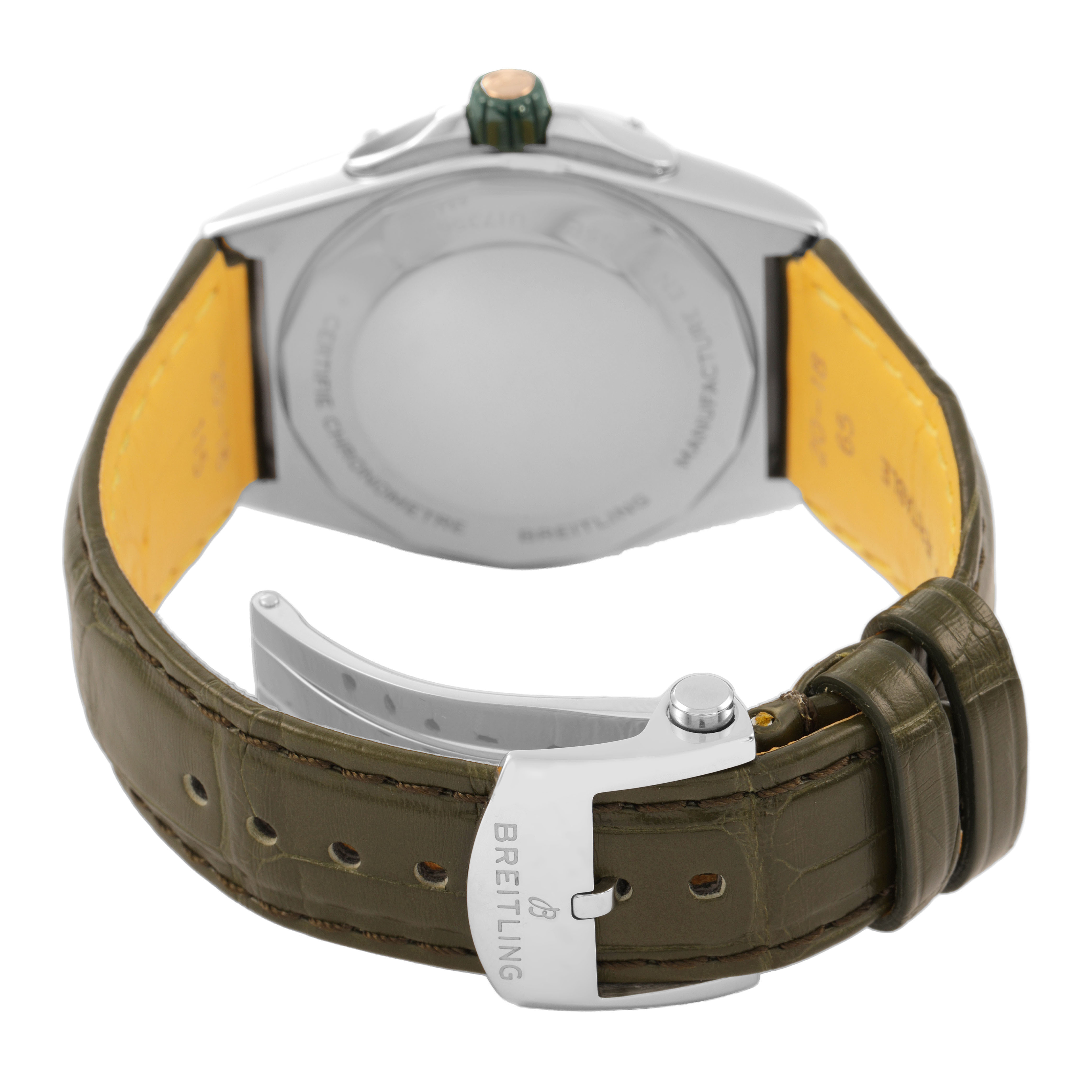 The Breitling U17356 Women's Steel and Gold (two tone) Green Dial Super Chronomat U17356 watch is shown from the back, highlighting the clasp and strap.