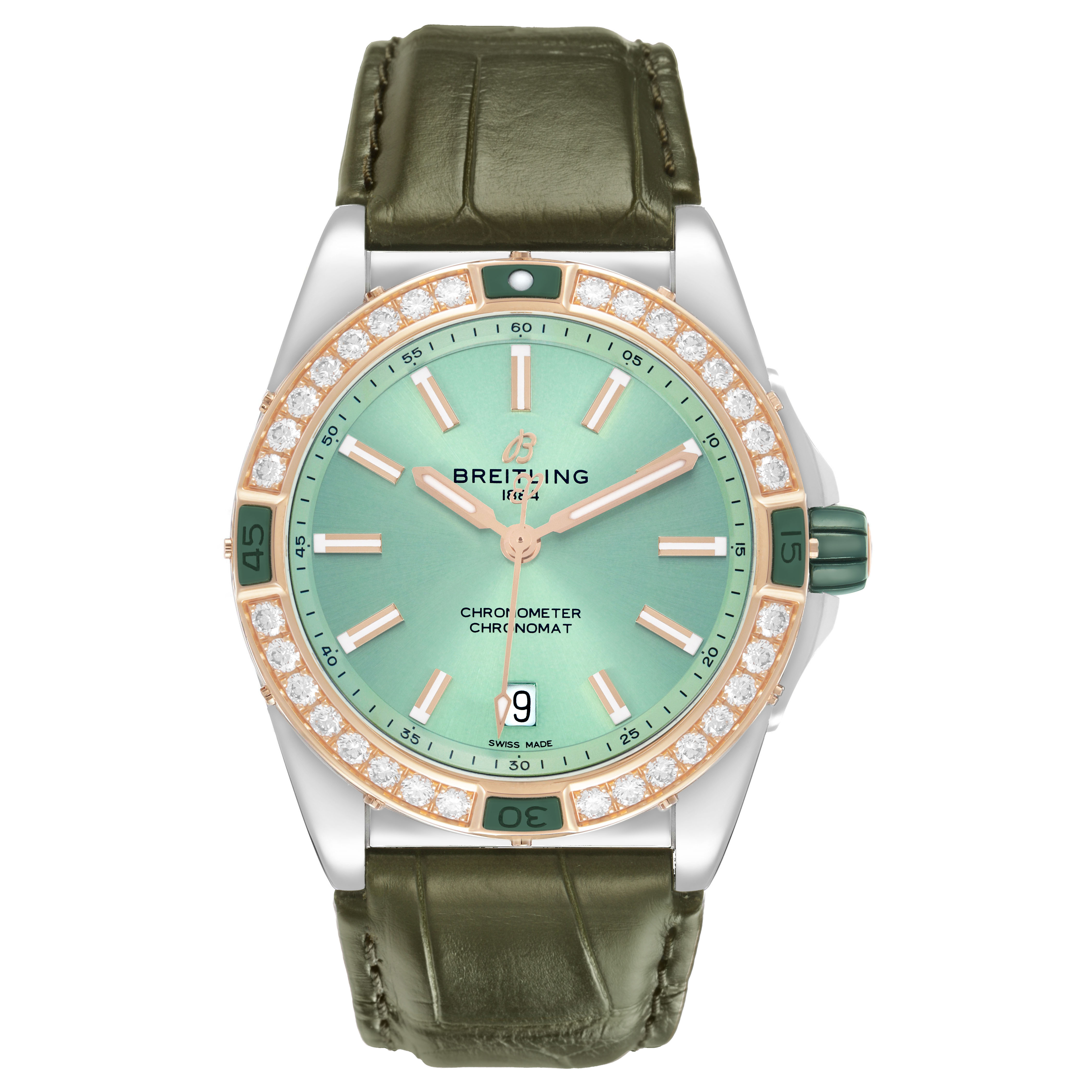 The Breitling U17356 Women's Steel and Gold (two tone) Green Dial Super Chronomat Steel Rose Gold Diamond Ladies Watch U17356 is shown from a front view, highlighting its dial, bezel, and strap.