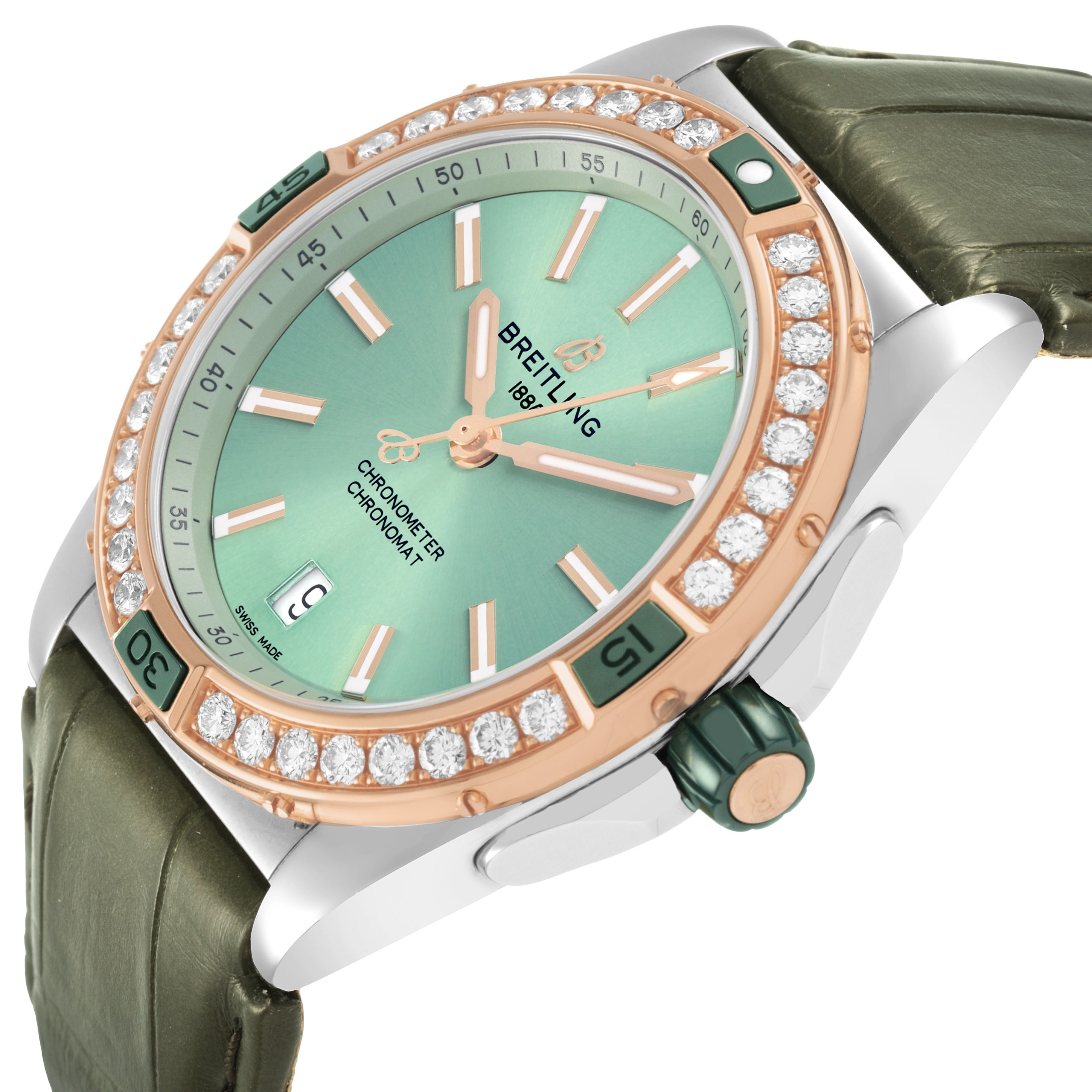The Breitling U17356 Women's Steel and Gold (two tone) Green Dial Super Chronomat Steel Rose Gold Diamond Ladies Watch U17356 is shown from an angled side, highlighting the bezel and face.