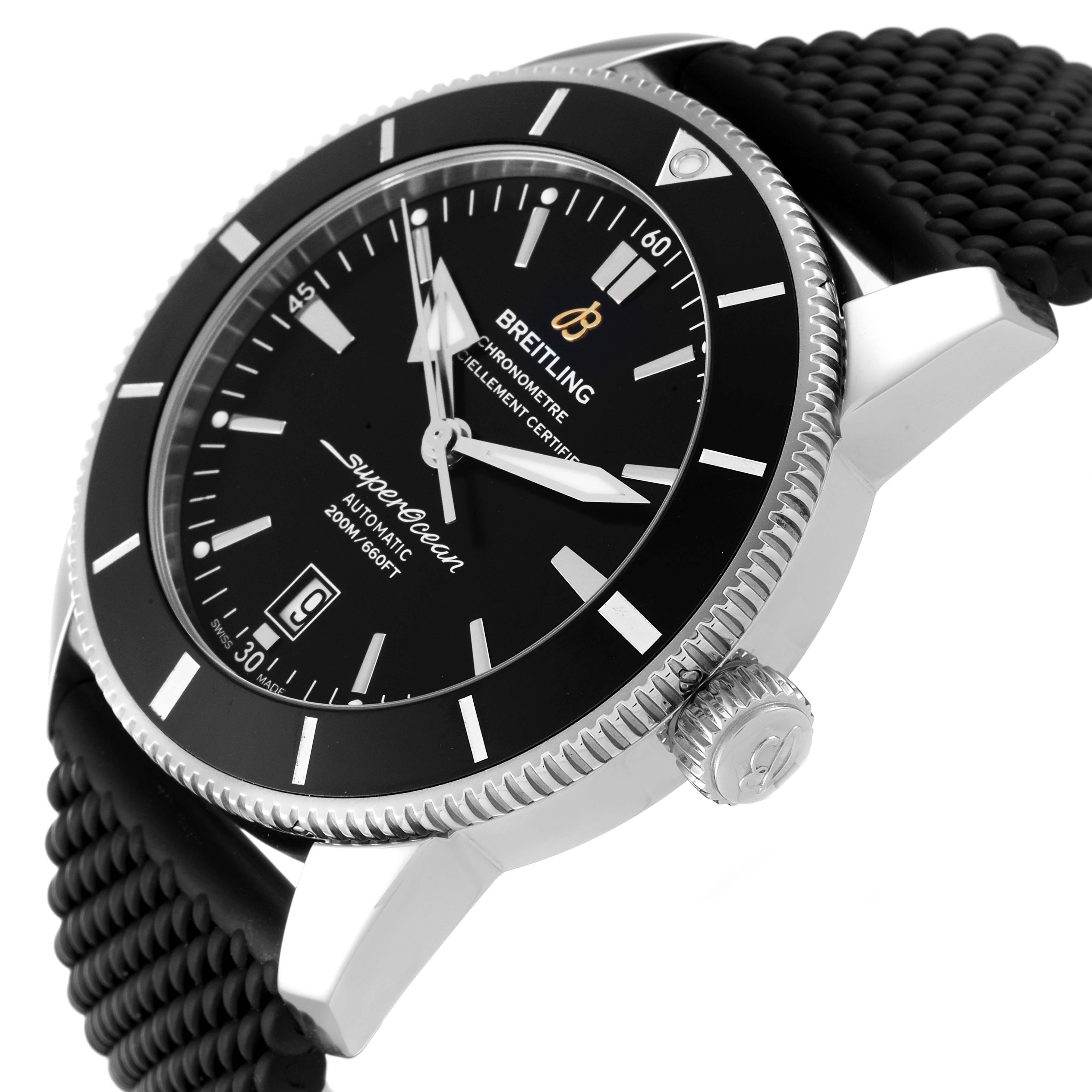 This image shows a close-up side angle of a Breitling Superocean AB202012-BF74 Men's Stainless Steel Black Dial AB202012-BF74 Men's Stainless Steel Black Dial watch, highlighting its dial, bezel, crown, and portion of the strap.