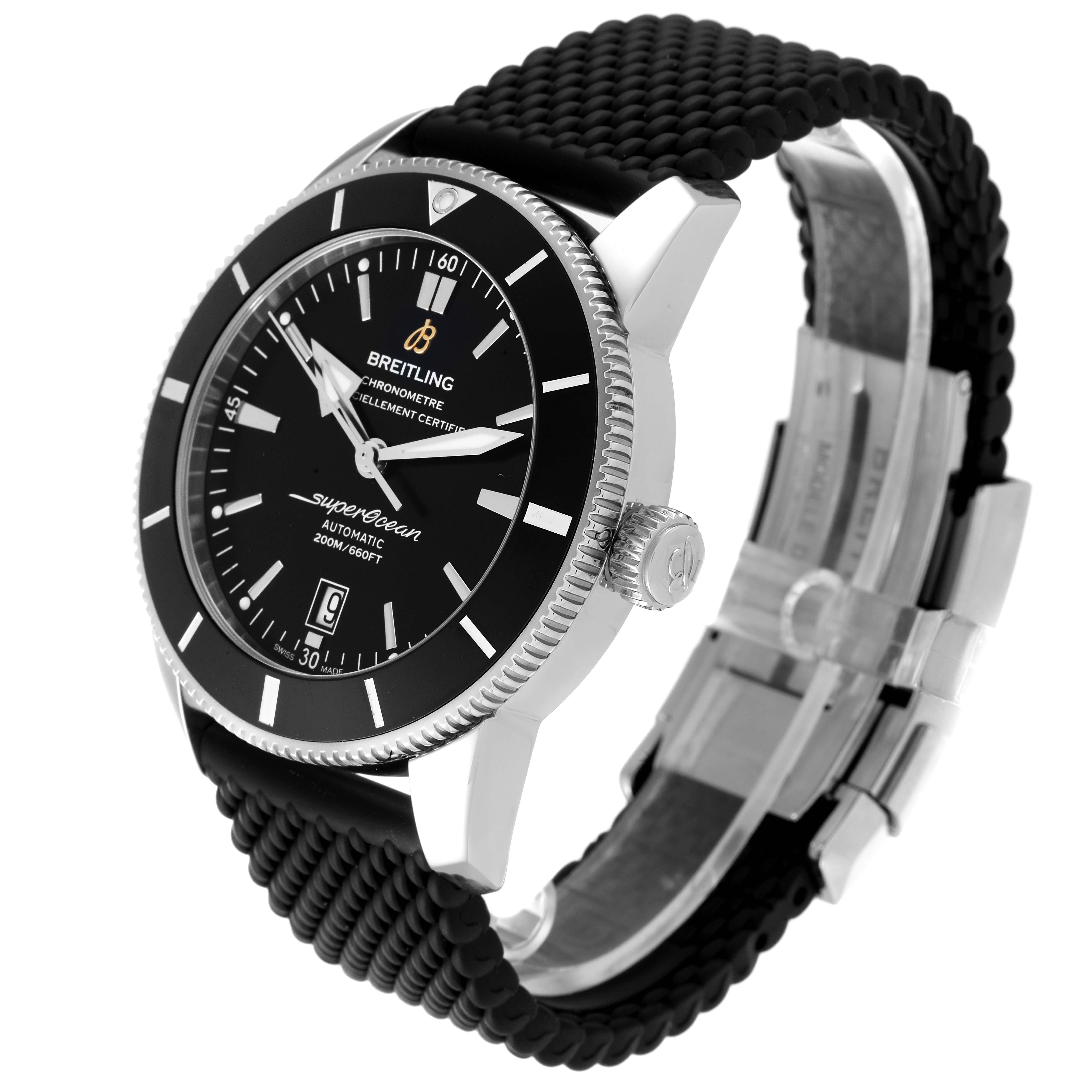 The Breitling Superocean AB202012-BF74 Men's Stainless Steel Black Dial AB202012-BF74 Men's Stainless Steel Black Dial watch is shown at an angle displaying the dial, bezel, crown, and strap.