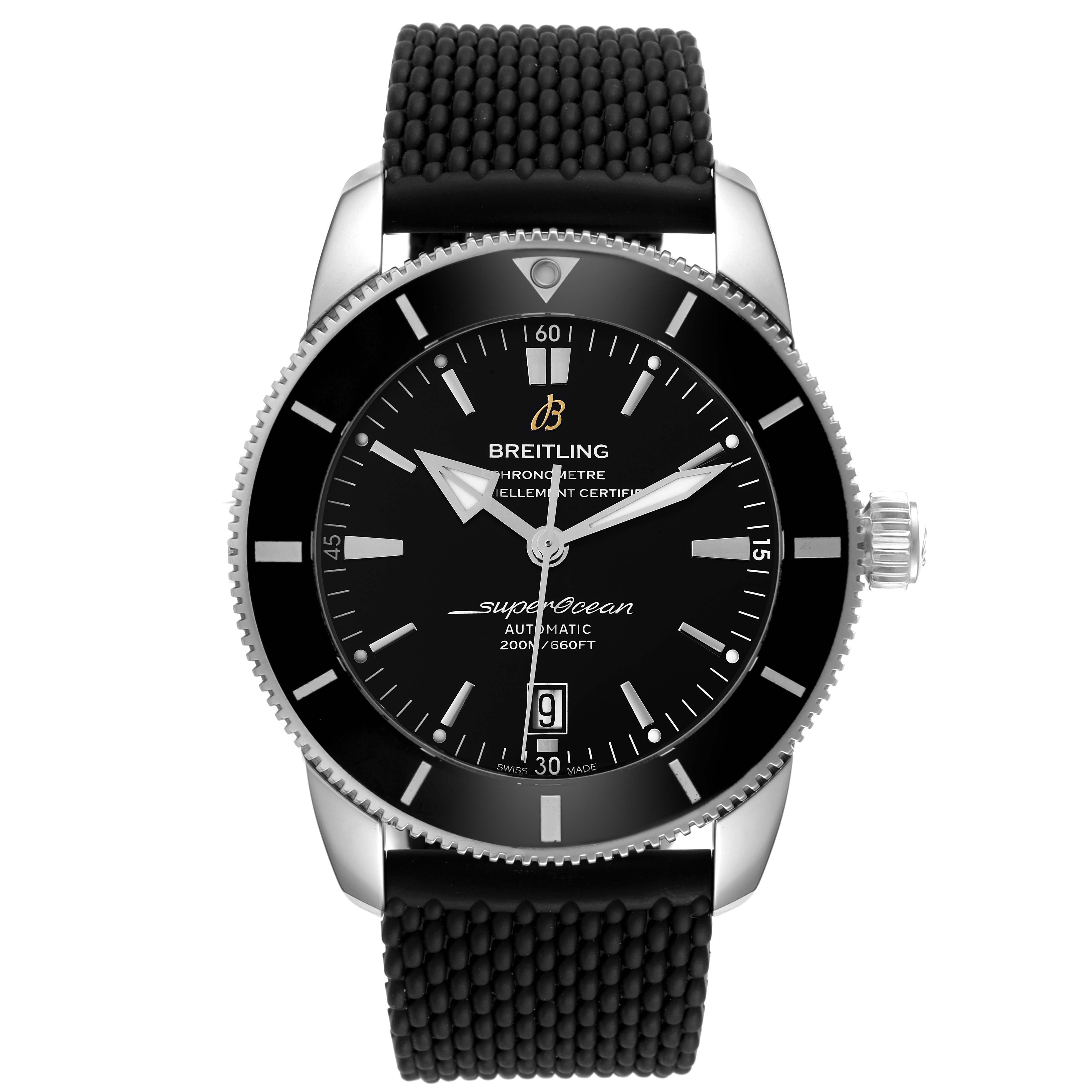 The image shows a front view of the Breitling Superocean AB202012-BF74 Men's Stainless Steel Black Dial AB202012-BF74 Men's Stainless Steel Black Dial watch, highlighting its black dial, bezel, and textured strap.