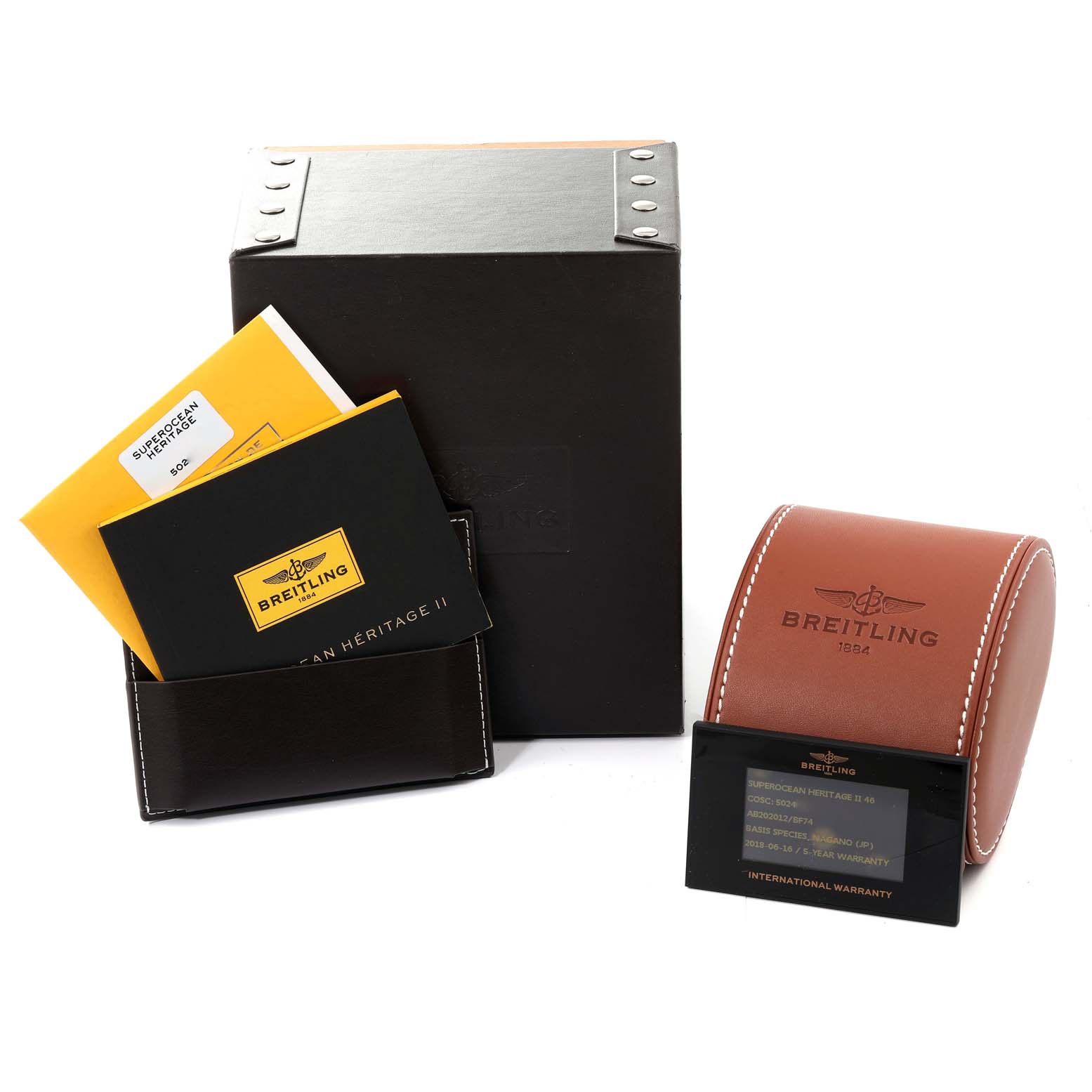 The image shows the packaging, warranty card, and manual for a Breitling Superocean AB202012-BF74 Men's Stainless Steel Black Dial AB202012-BF74 Men's Stainless Steel Black Dial watch.