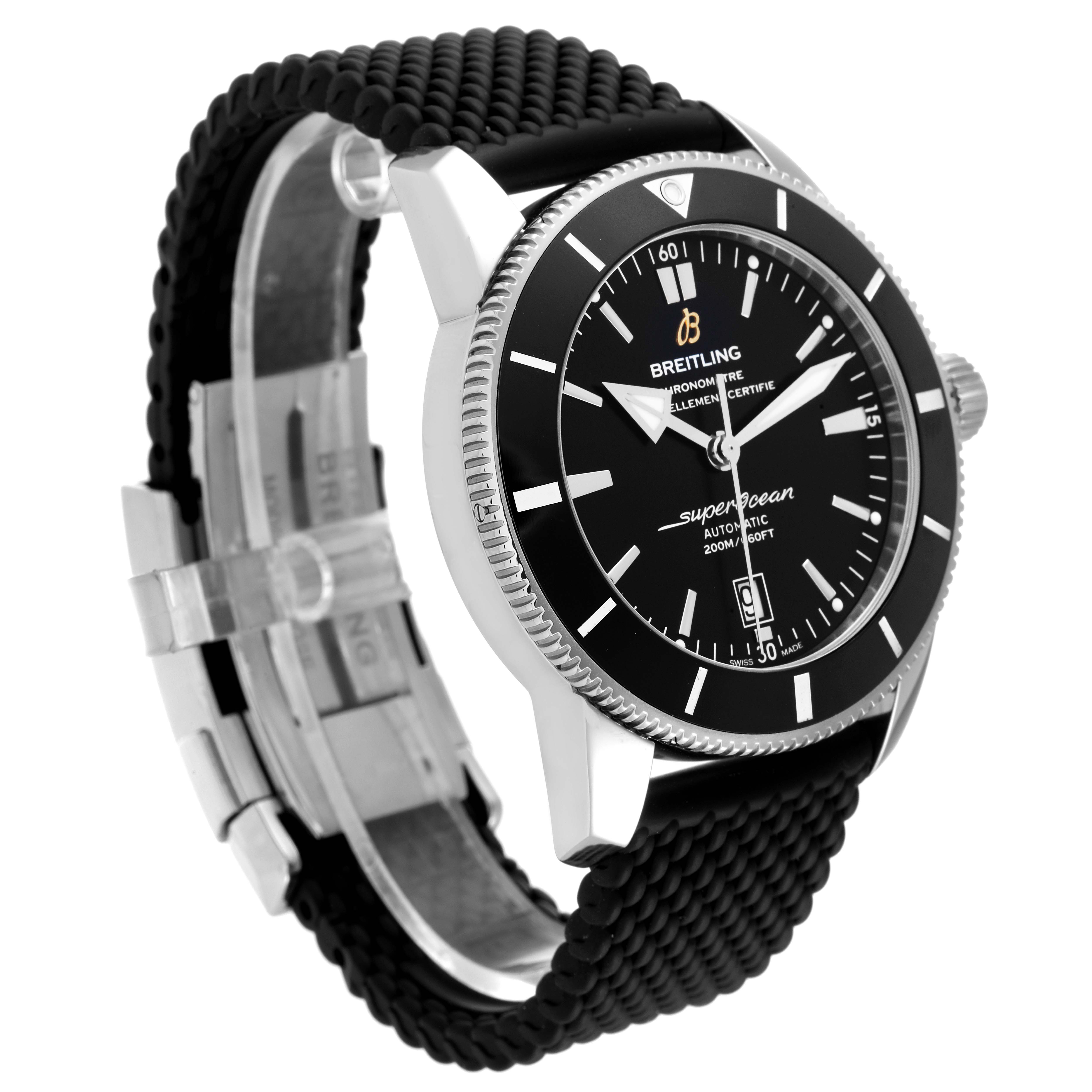 The image shows a Breitling Superocean AB202012-BF74 Men's Stainless Steel Black Dial AB202012-BF74 Men's Stainless Steel Black Dial watch at an angled side view displaying the face, bezel, crown, and part of the rubber strap.