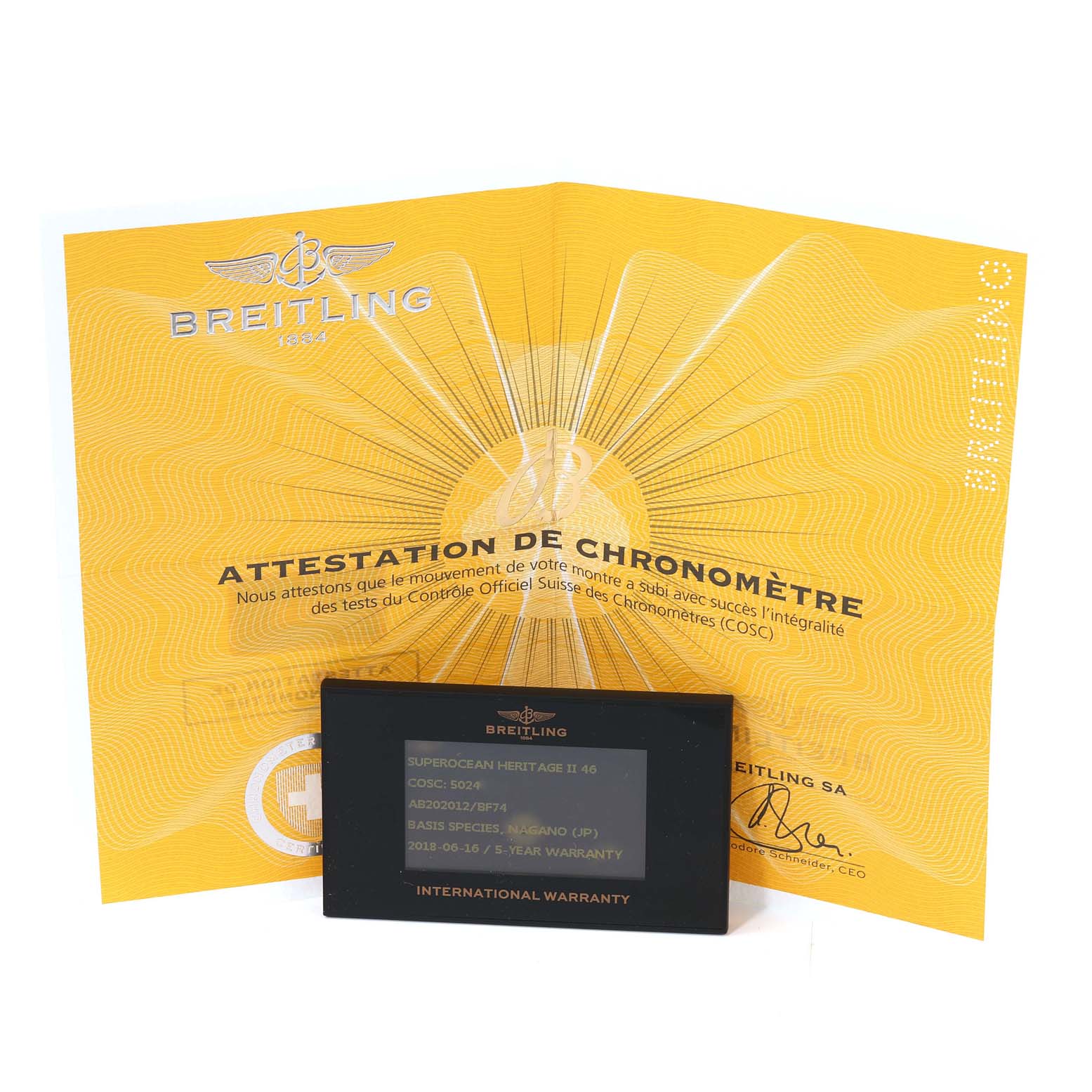 The image shows the warranty card and certificate of chronometer for a Breitling Superocean AB202012-BF74 Men's Stainless Steel Black Dial AB202012-BF74 Men's Stainless Steel Black Dial watch.