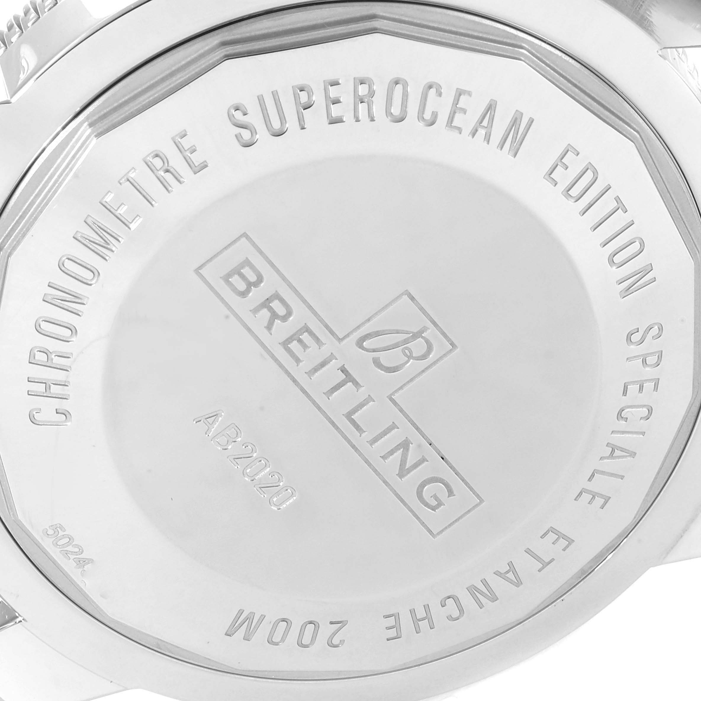 The image shows the back case of a Breitling Superocean AB202012-BF74 Men's Stainless Steel Black Dial AB202012-BF74 Men's Stainless Steel Black Dial Chronomètre watch, highlighting the engraved model details and brand logo.