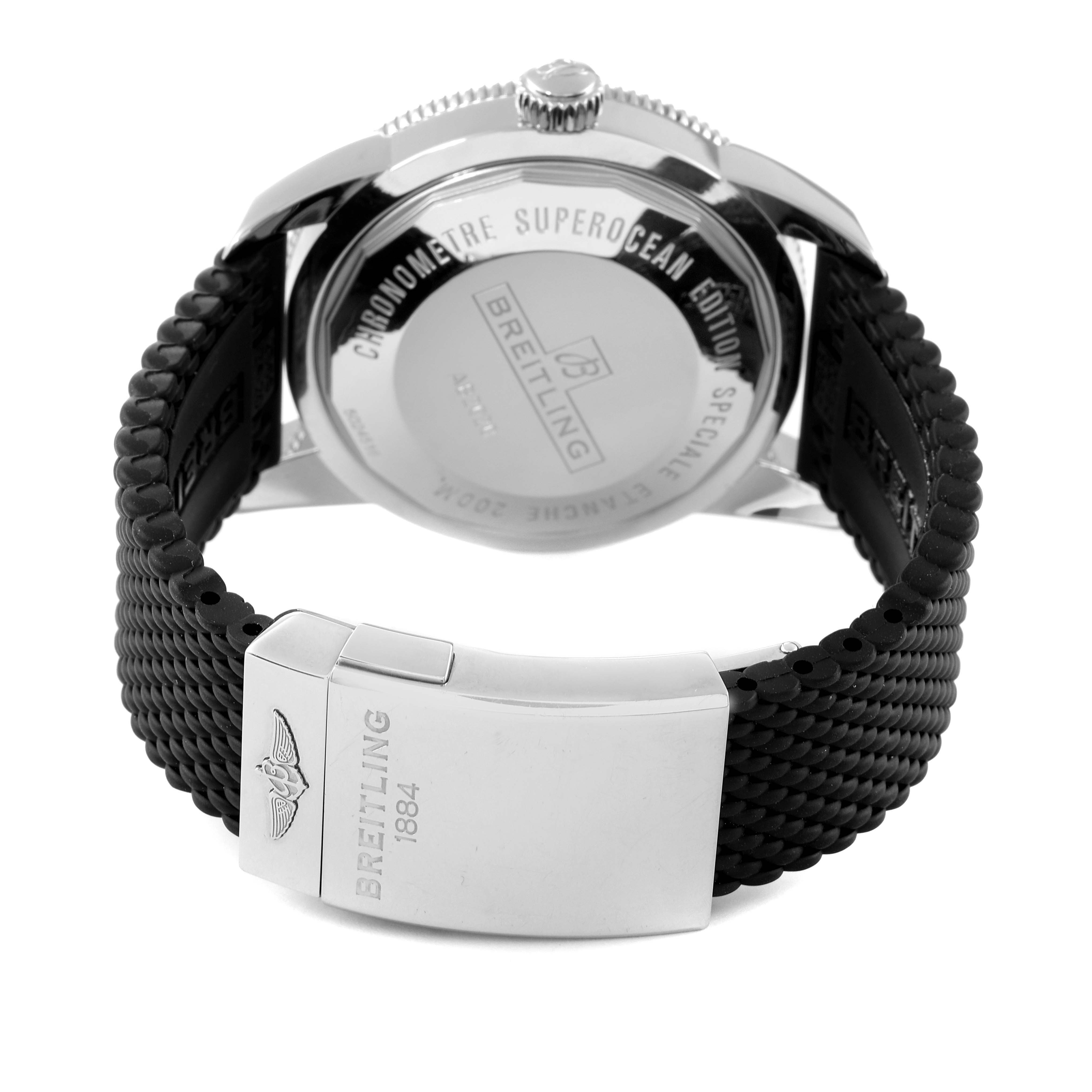 The image shows the back view of the Breitling Superocean AB202012-BF74 Men's Stainless Steel Black Dial AB202012-BF74 Men's Stainless Steel Black Dial watch, highlighting its case back and clasp.