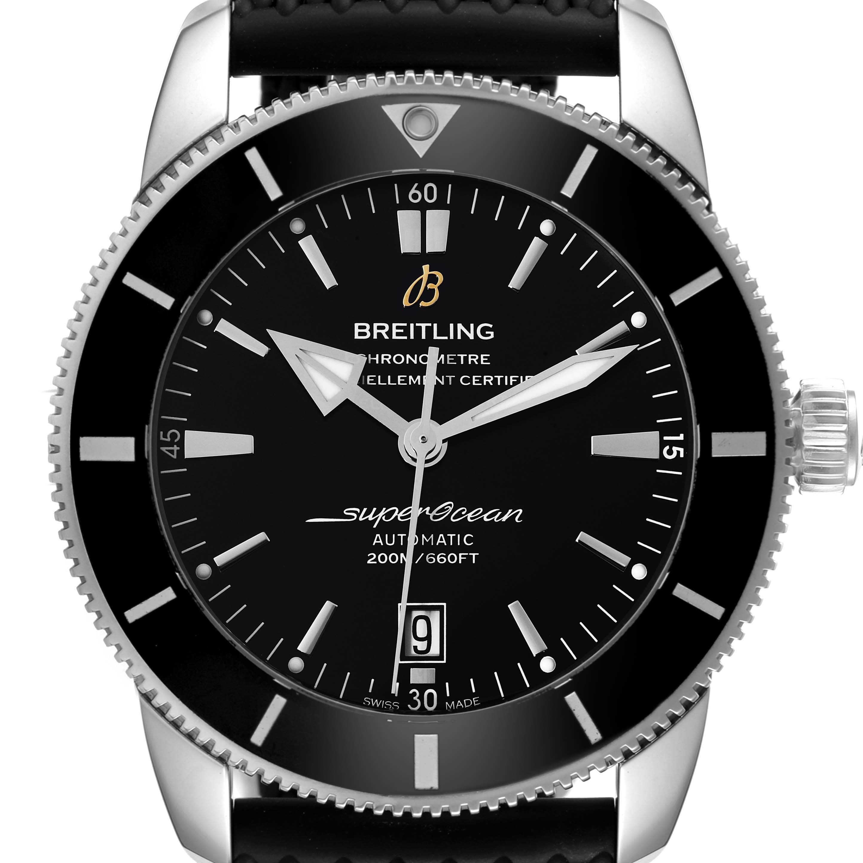 This image shows a front view of the Breitling Superocean AB202012-BF74 Men's Stainless Steel Black Dial AB202012-BF74 Men's Stainless Steel Black Dial watch, highlighting its face, bezel, and crown.