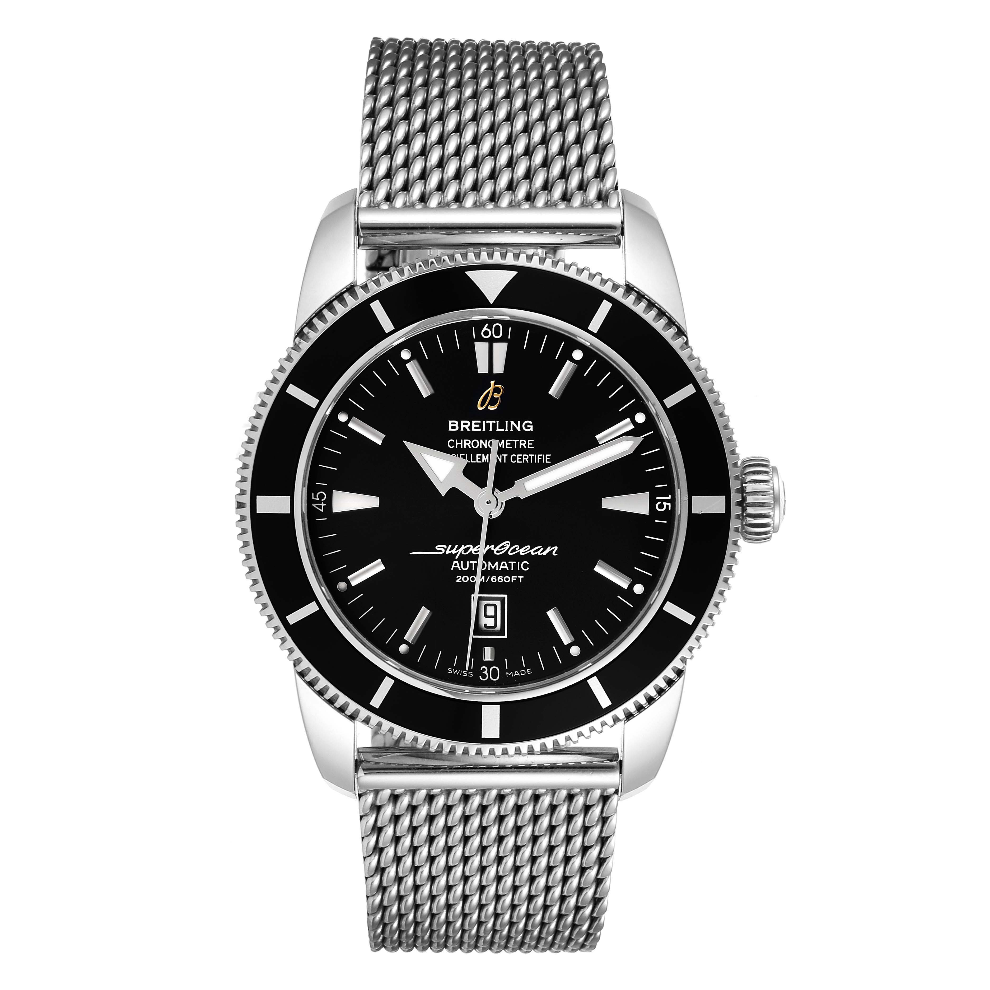 The Breitling Superocean A17320 Men's Stainless Steel Black Dial A17320 Men's Stainless Steel Black Dial model is shown from a front angle, displaying the watch face and mesh bracelet in full detail.
