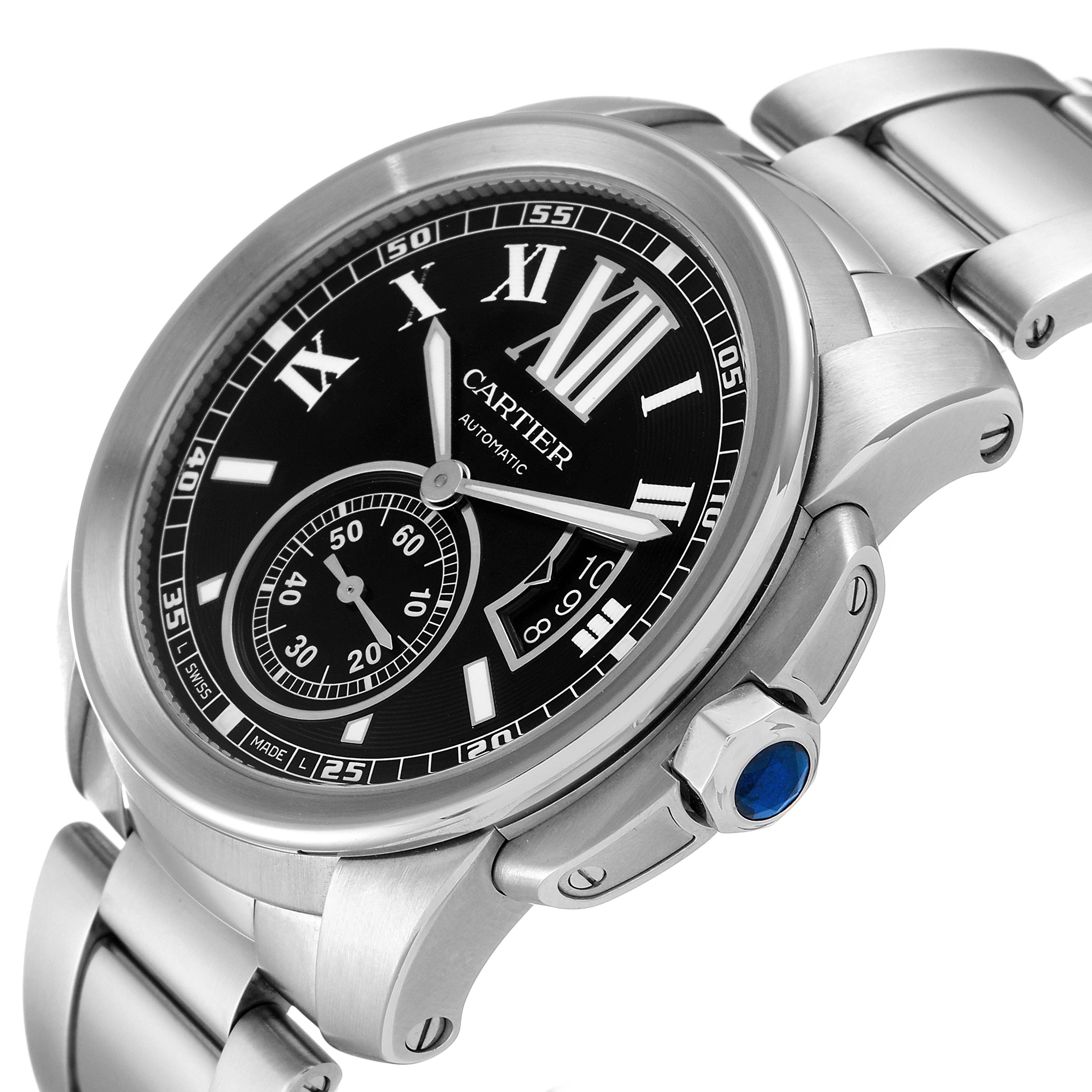 The image shows a Calibre de Cartier model by Cartier at a slight angle, highlighting the dial, case, and bracelet.