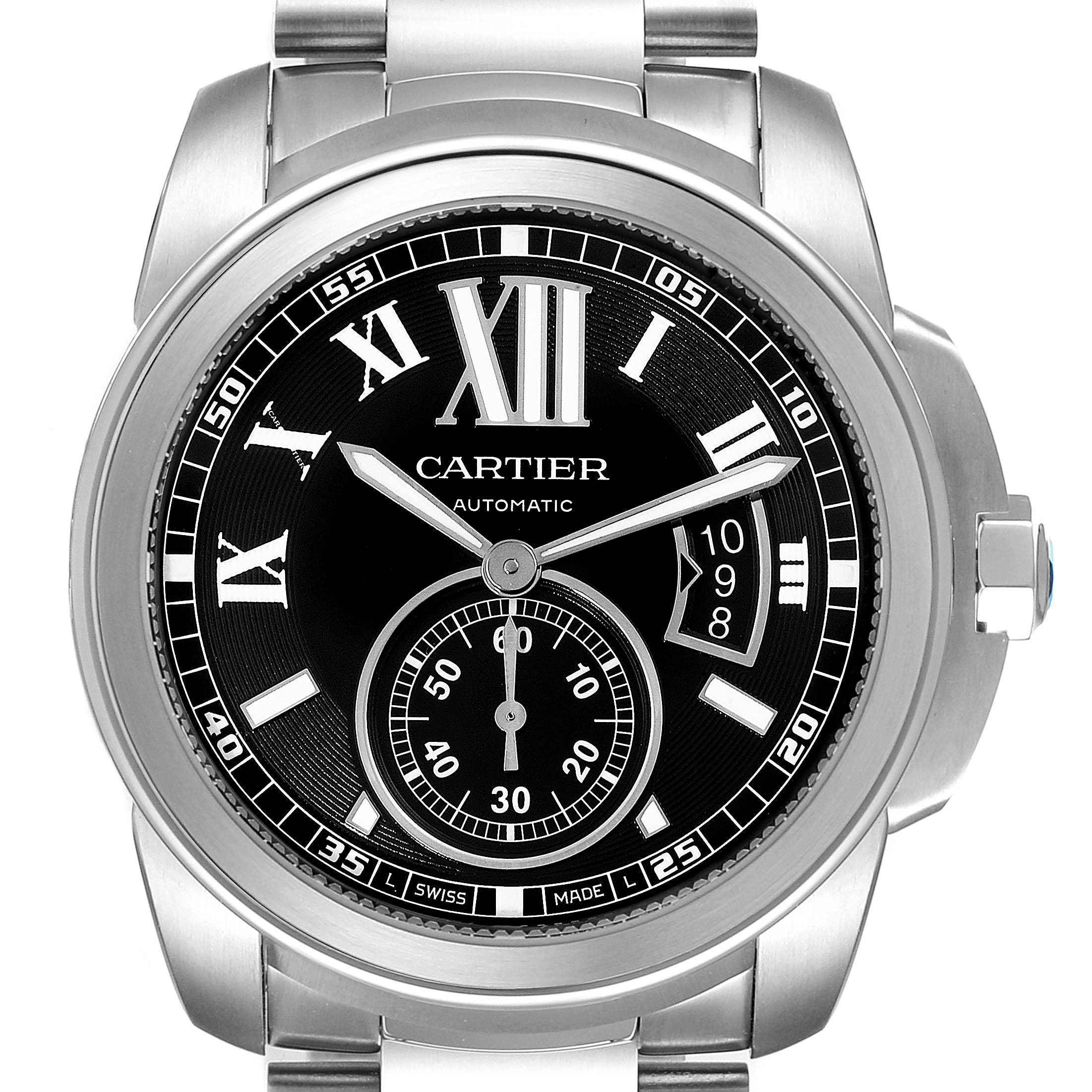 The image shows a frontal view of the Calibre de Cartier watch by Cartier, highlighting its black dial, Roman numerals, and subdial.