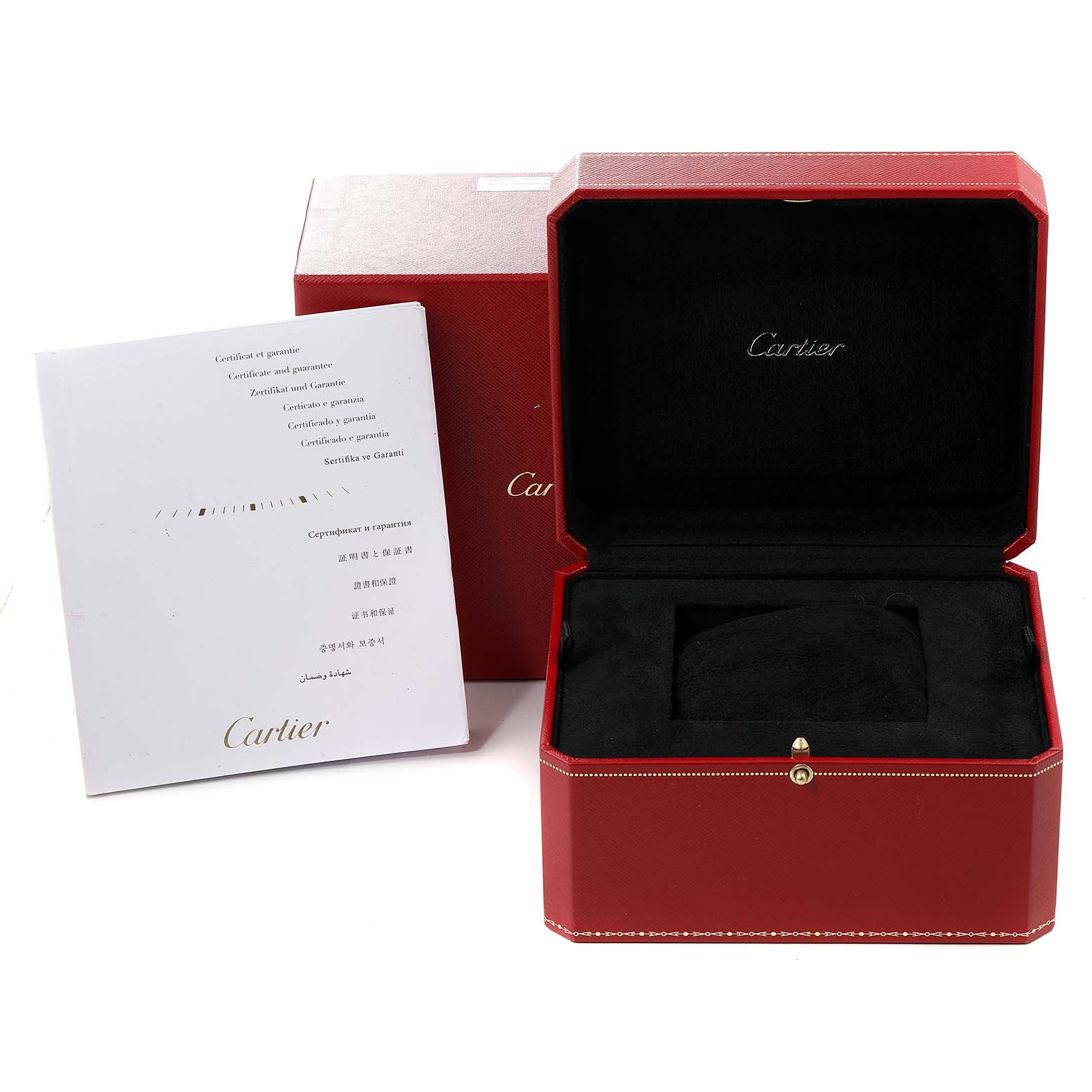 The image shows an open Cartier box with a booklet and outer case for the Calibre de Cartier watch.