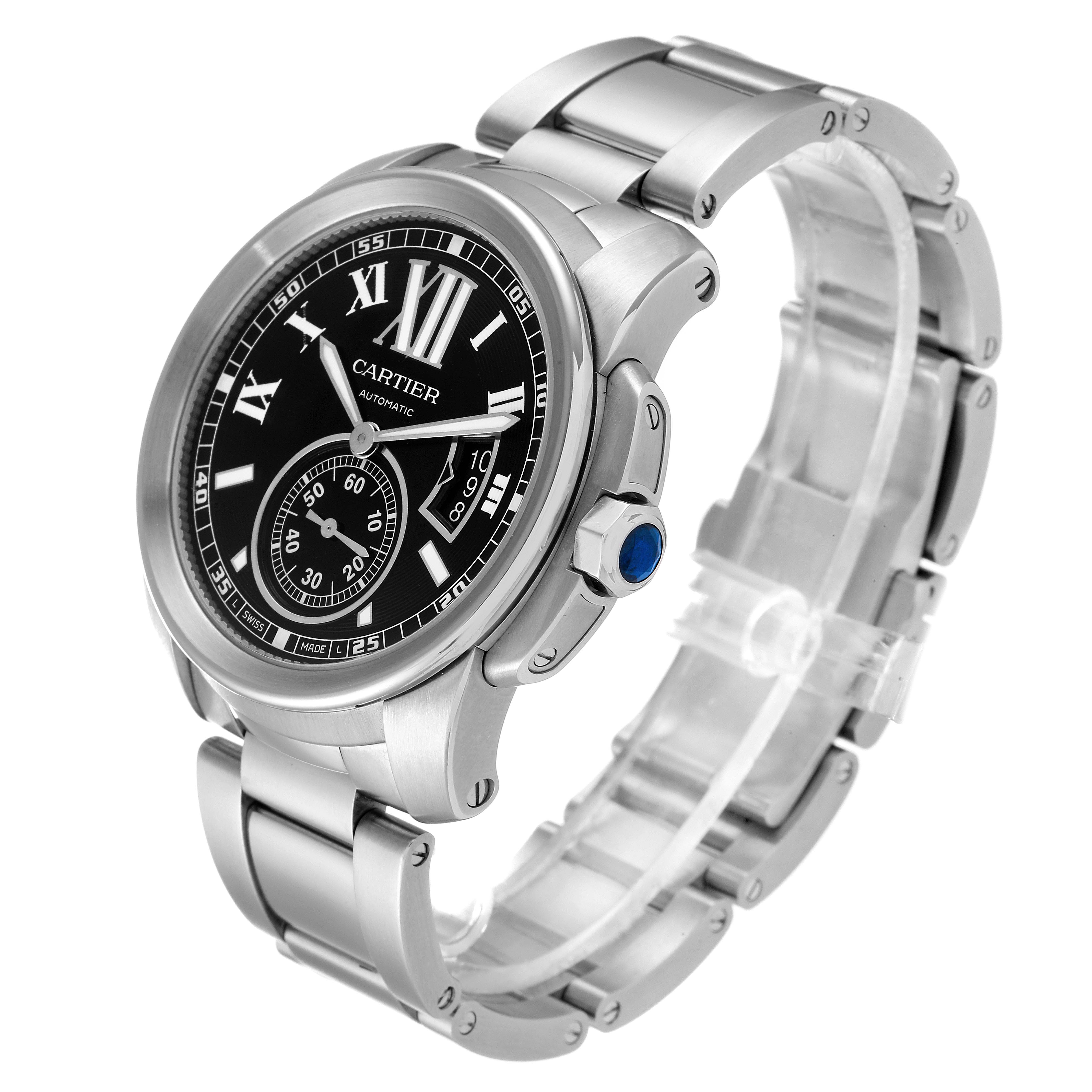 This image shows a Calibre de Cartier watch by Cartier at a three-quarters angle, highlighting its bracelet, case, and black dial.