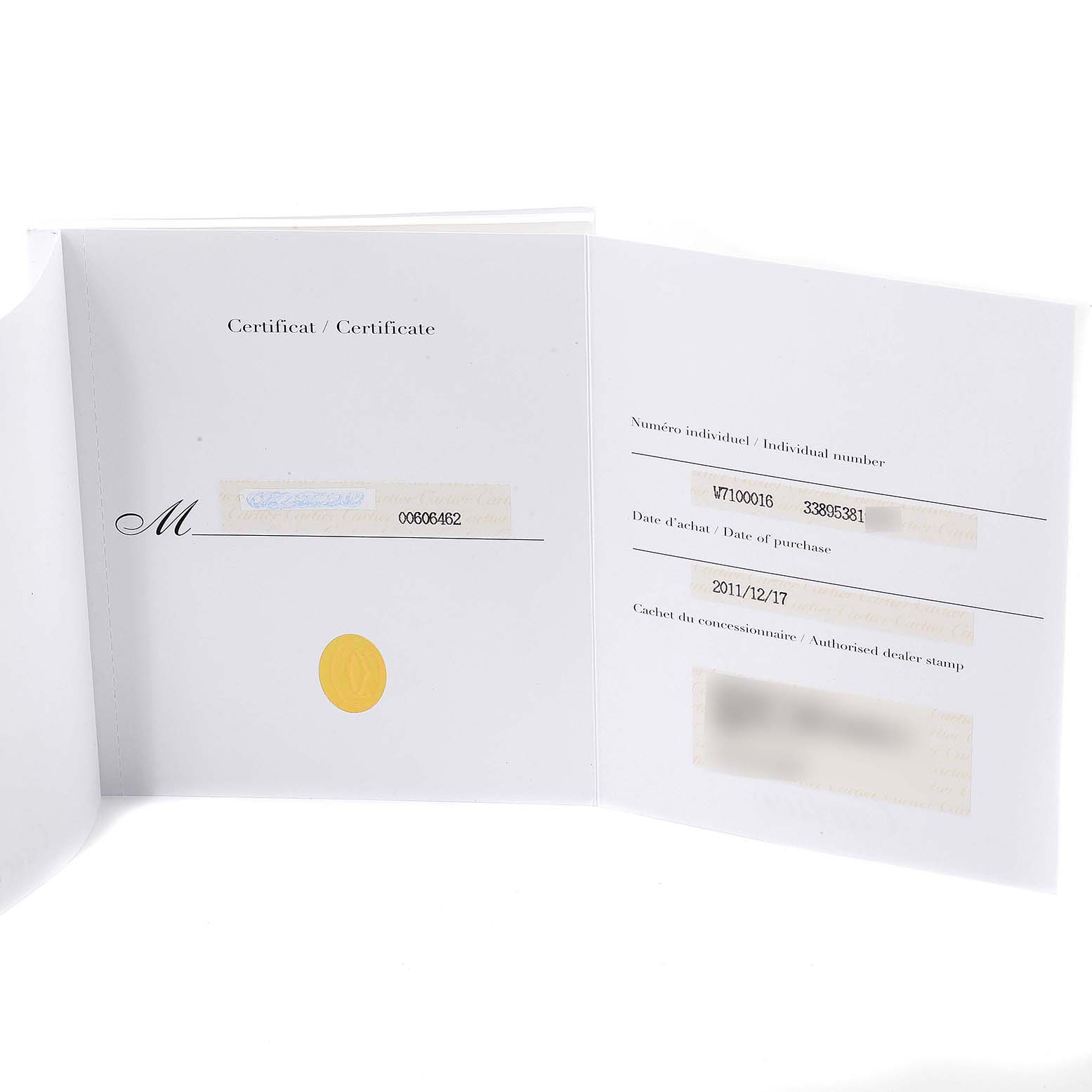 The image shows the Best Quality
ity and warranty certificate for the Calibre de Cartier model by Cartier.