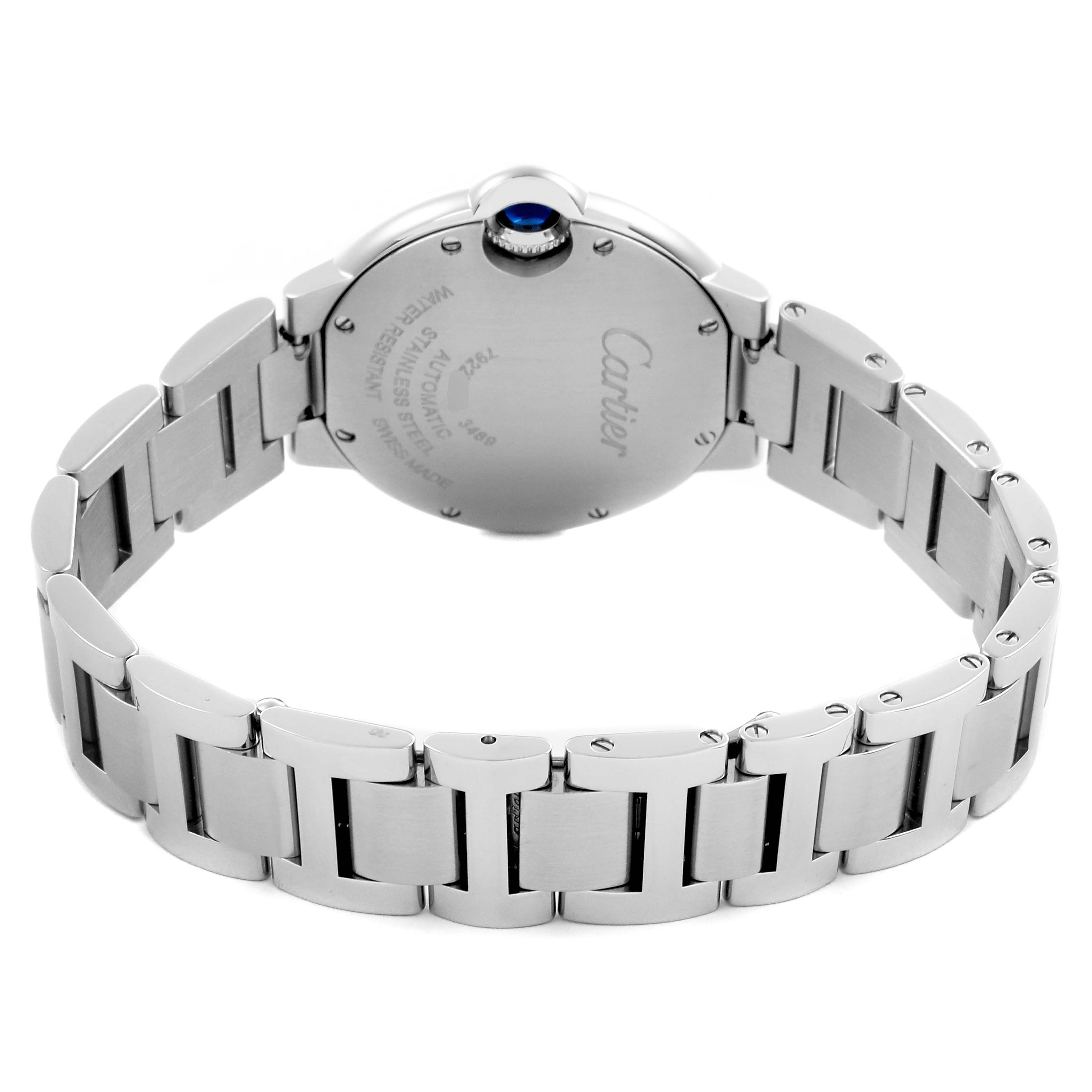 The Cartier Ballon Bleu W4BB0016 Women's Stainless Steel Silver Dial W4BB0016 Women's Stainless Steel Silver Dial watch is shown from the back, highlighting the bracelet and case details.