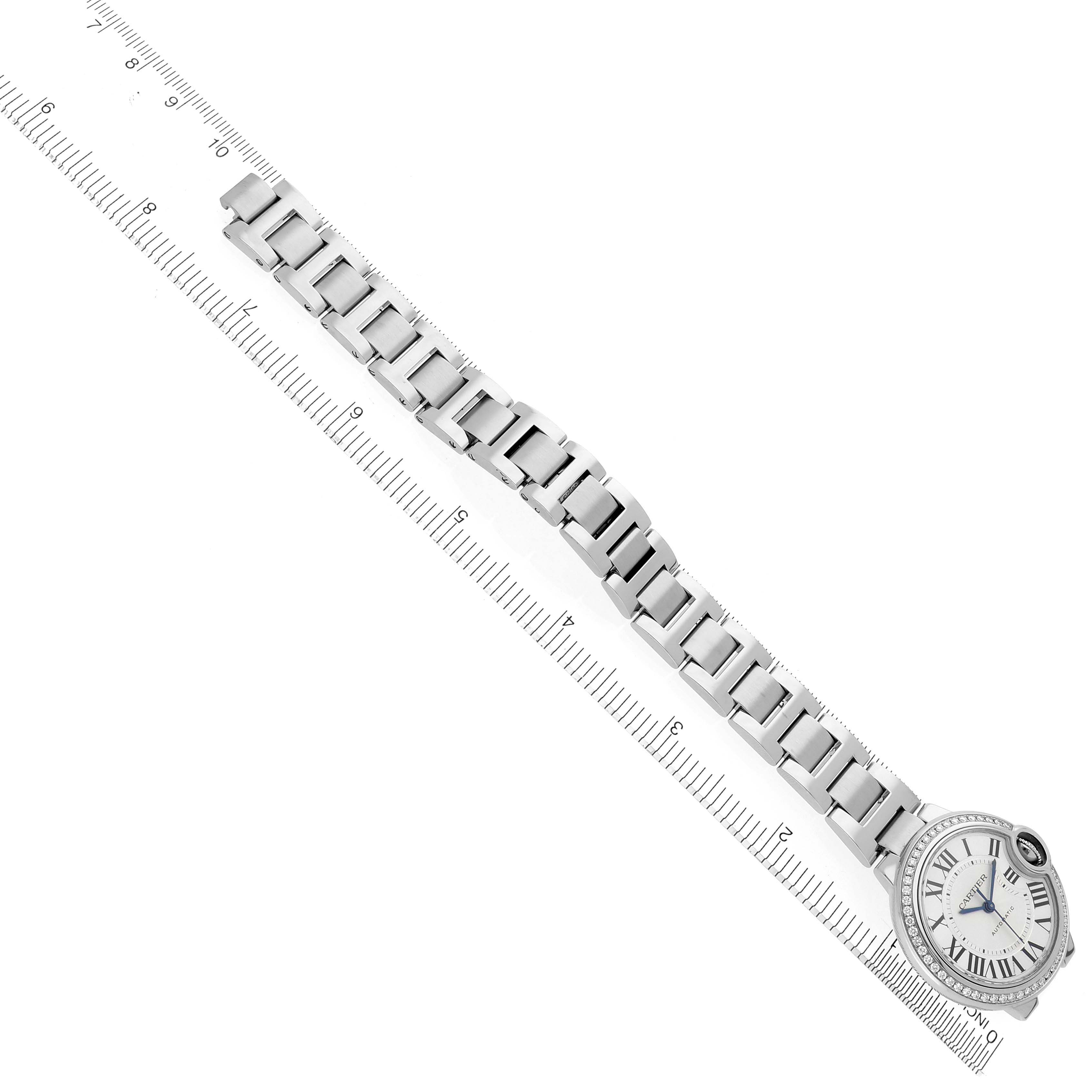 The Cartier Ballon Bleu W4BB0016 Women's Stainless Steel Silver Dial W4BB0016 Women's Stainless Steel Silver Dial watch is shown from an overhead angle, displaying the full bracelet and face.