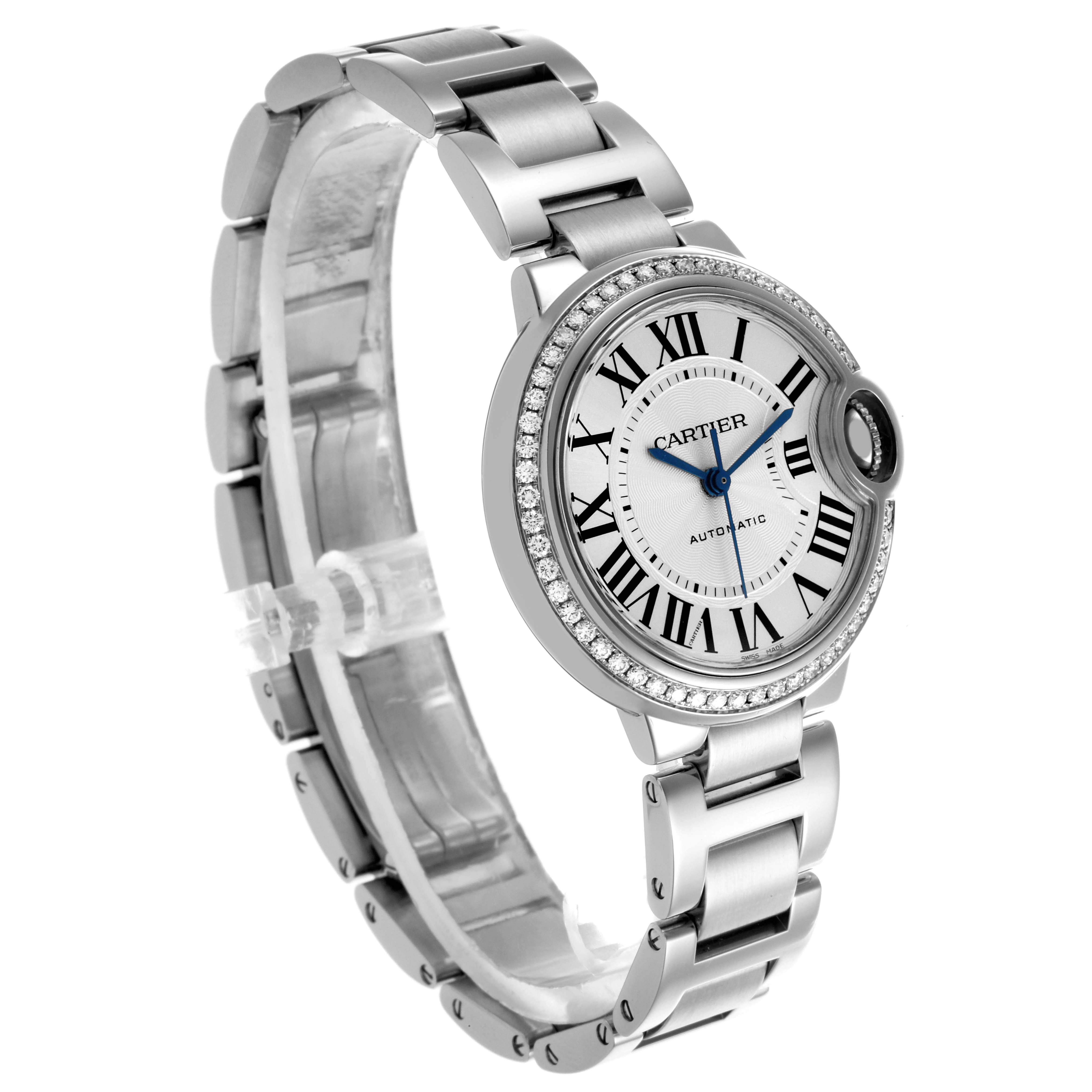 The Cartier Ballon Bleu W4BB0016 Women's Stainless Steel Silver Dial W4BB0016 Women's Stainless Steel Silver Dial watch is shown at a slight angle, highlighting the face, bezel, and metal bracelet.