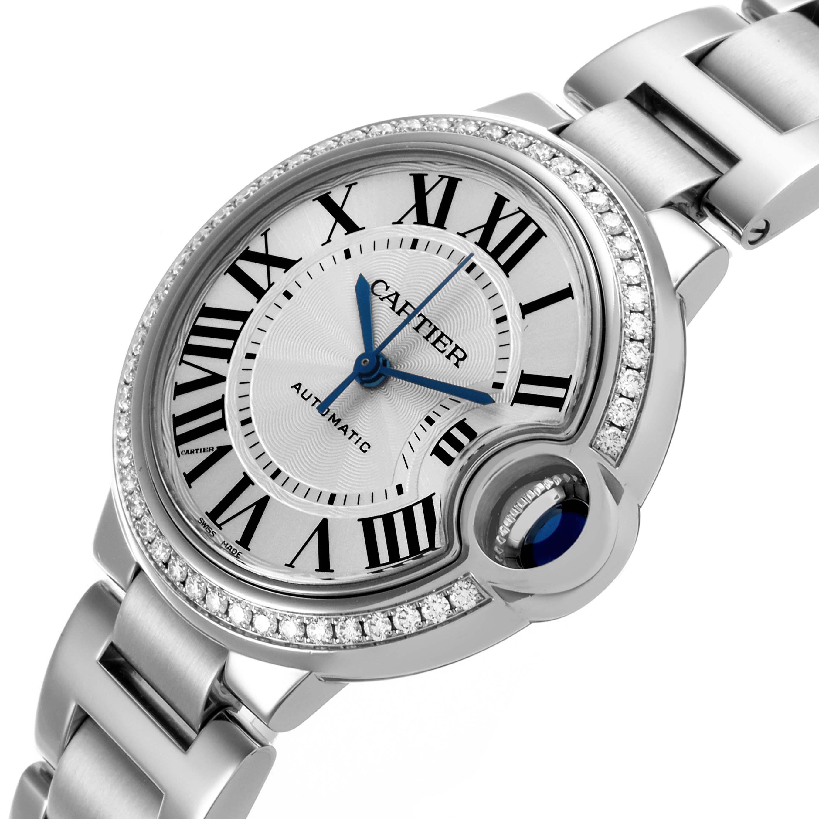 The Cartier Ballon Bleu W4BB0016 Women's Stainless Steel Silver Dial W4BB0016 Women's Stainless Steel Silver Dial watch is shown at an angle highlighting the face, Roman numerals, and blue hands, with a partial view of the bracelet.