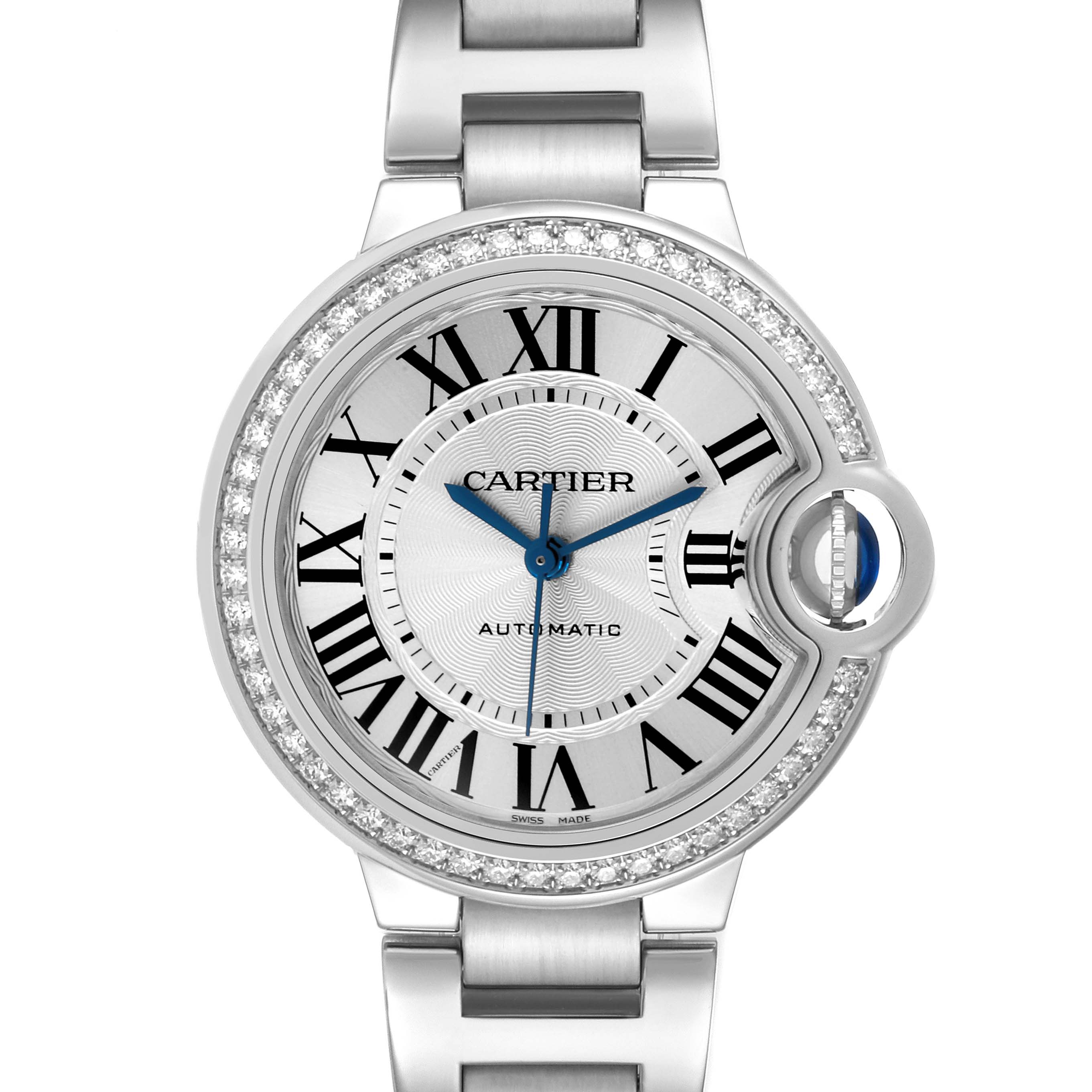 The Cartier Ballon Bleu W4BB0016 Women's Stainless Steel Silver Dial W4BB0016 Women's Stainless Steel Silver Dial watch is shown from the front, highlighting its face, Roman numerals, and diamond-set bezel.