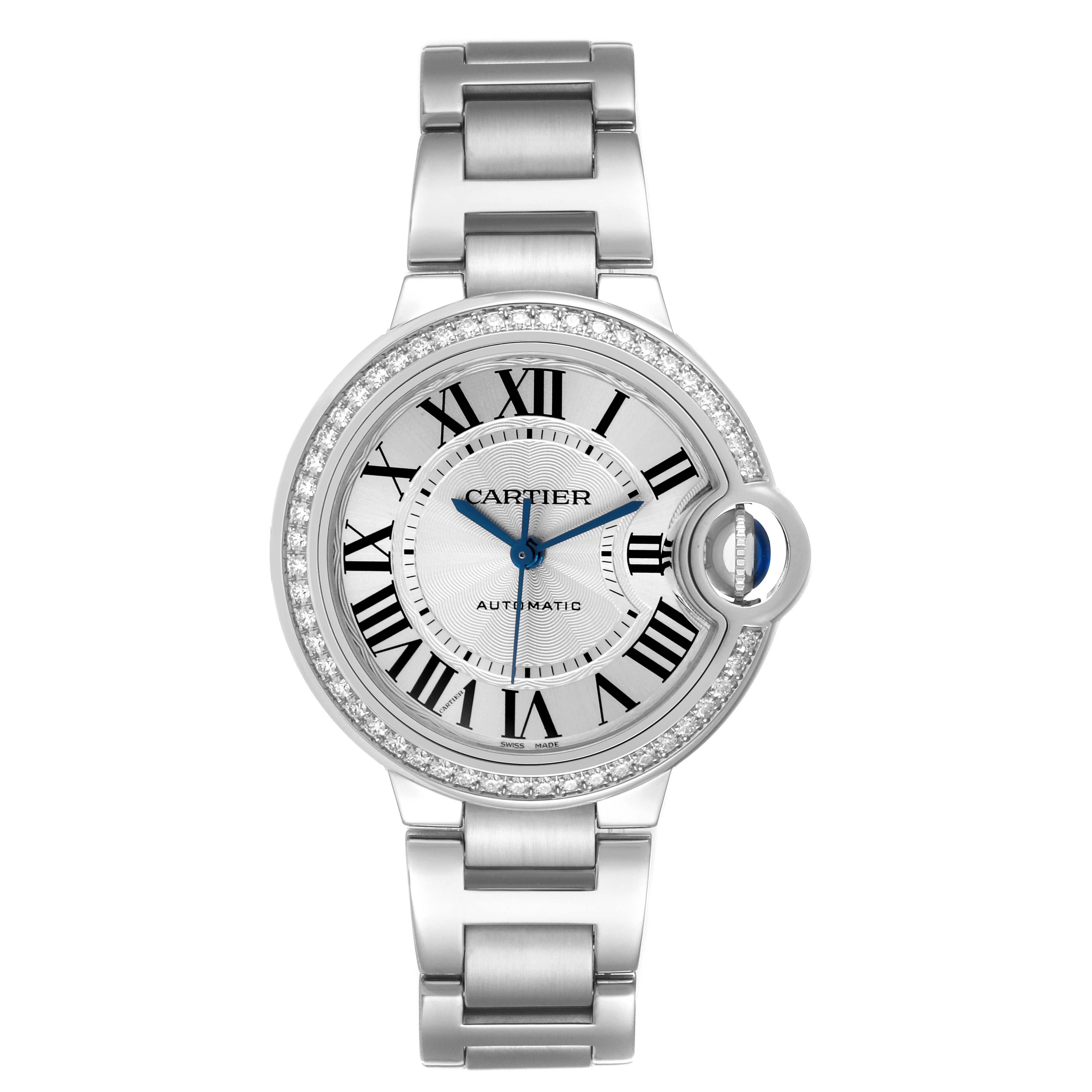 The Cartier Ballon Bleu W4BB0016 Women's Stainless Steel Silver Dial W4BB0016 Women's Stainless Steel Silver Dial watch is shown from a front angle, displaying its face, bracelet, and crown.