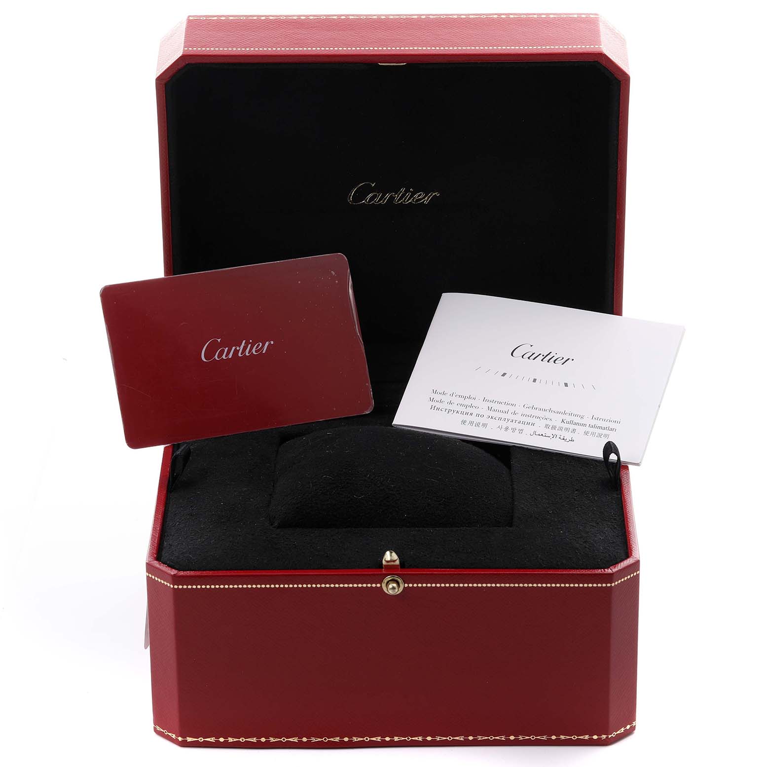 The image shows a Cartier Ballon Bleu W4BB0016 Women's Stainless Steel Silver Dial W4BB0016 Women's Stainless Steel Silver Dial watch box at a front angle, with documents placed inside.
