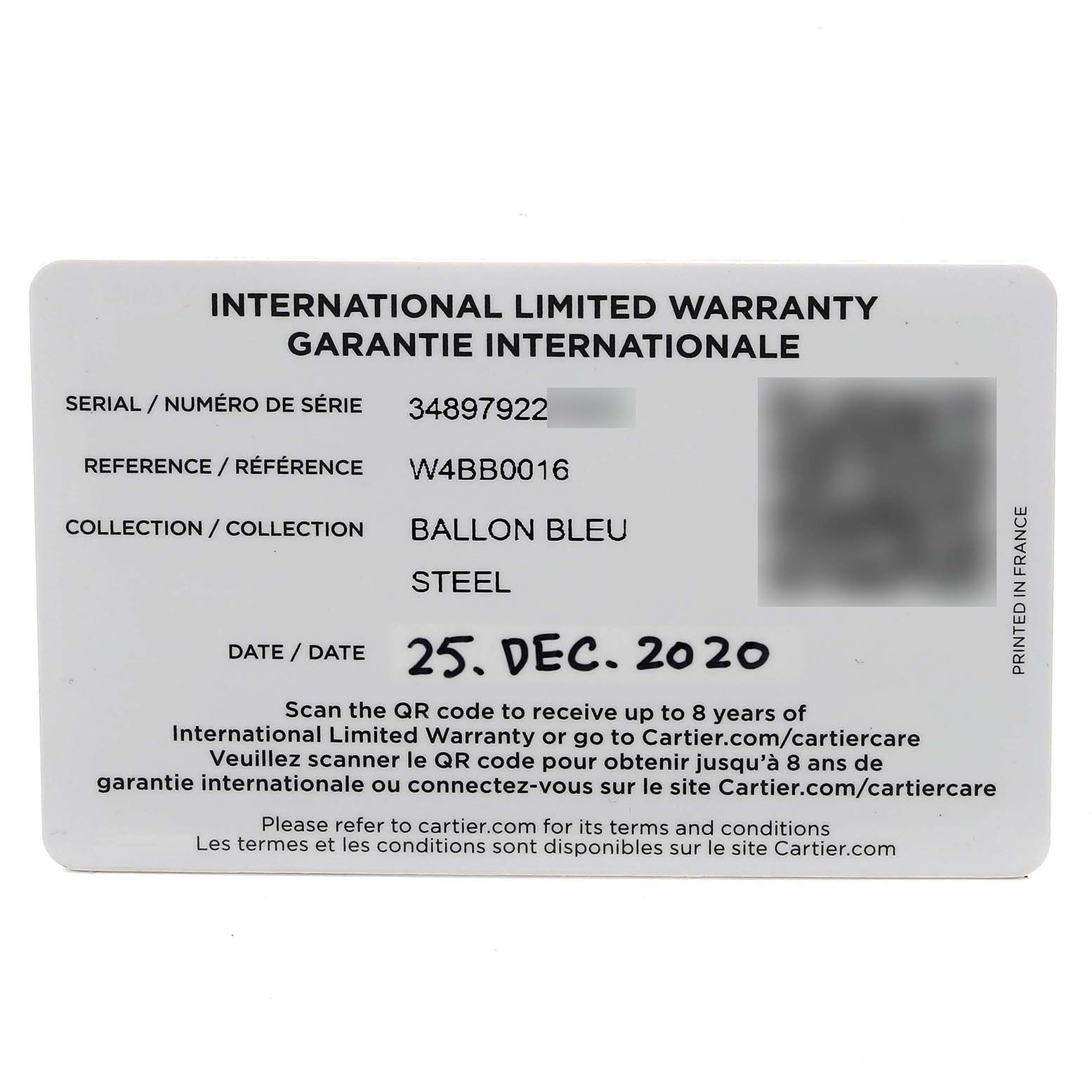 The image shows an international limited warranty card for the Cartier Ballon Bleu W4BB0016 Women's Stainless Steel Silver Dial W4BB0016 Women's Stainless Steel Silver Dial model.