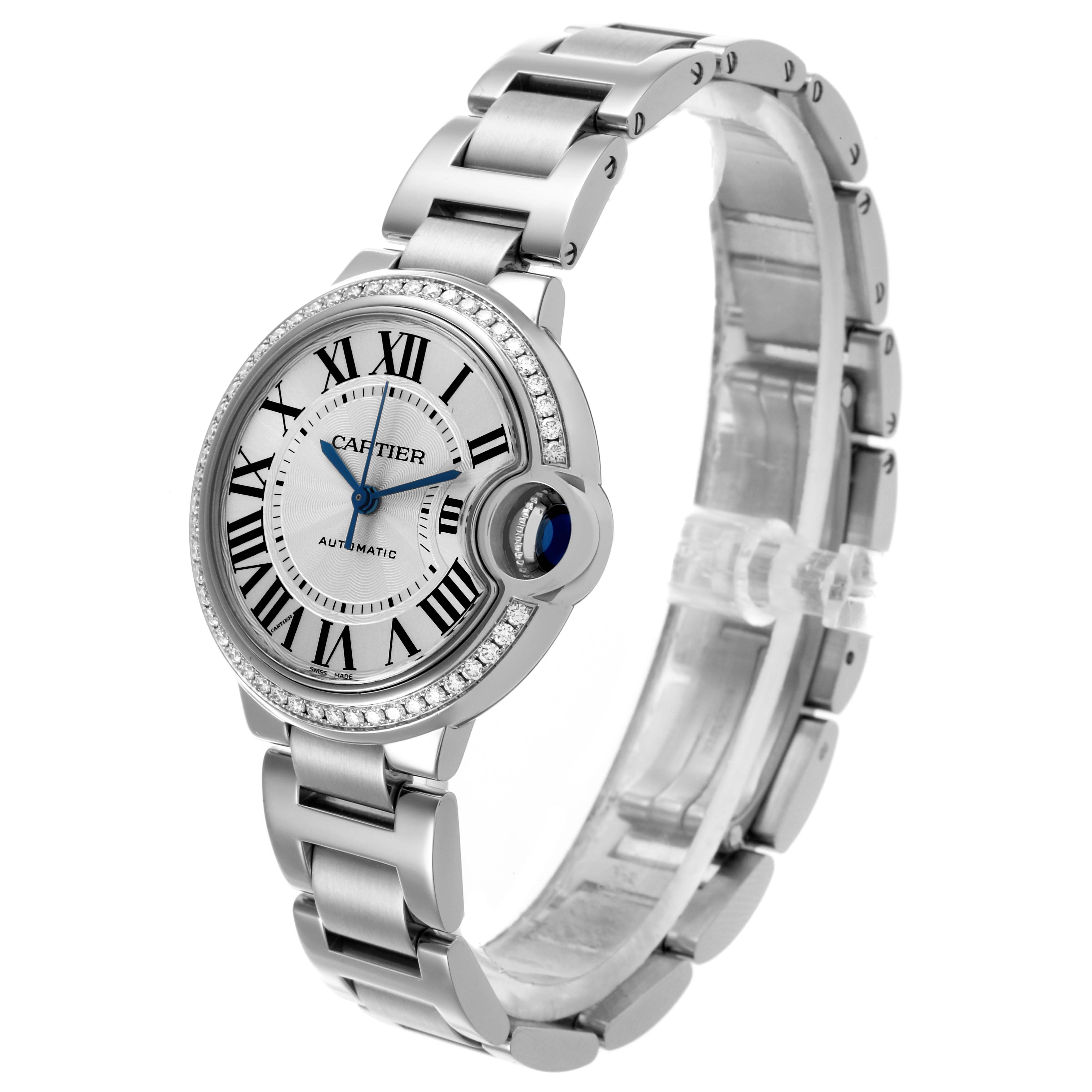 The Cartier Ballon Bleu W4BB0016 Women's Stainless Steel Silver Dial W4BB0016 Women's Stainless Steel Silver Dial watch is shown at an angle displaying the face, bezel, and part of the bracelet.